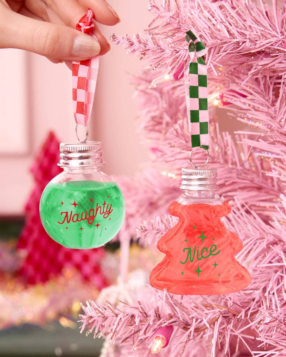 Christmas Spirit Ornaments - 10 shot glass ornaments, Christmas Party, Team Nice/Naughty
