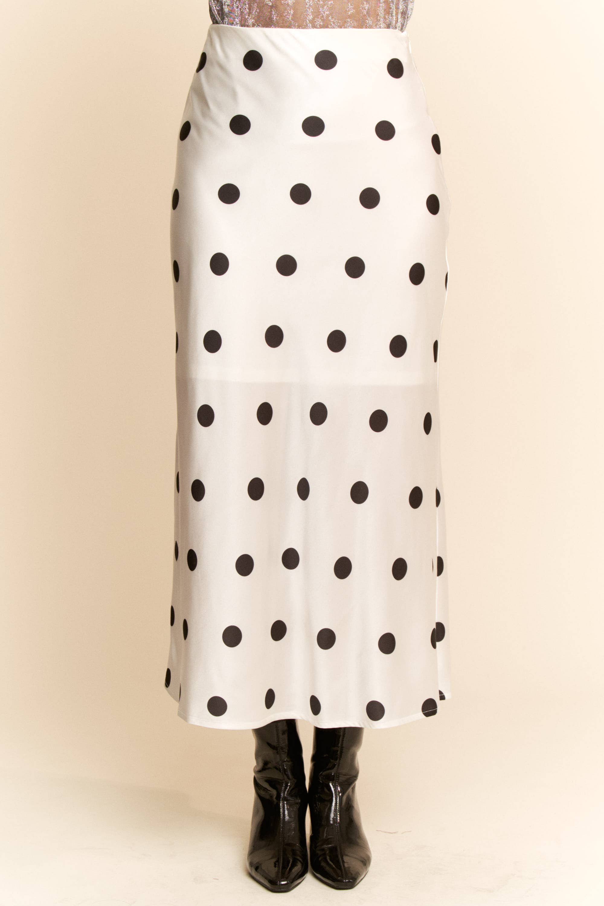 White & Black Polka Satin Dot Midi Skirt