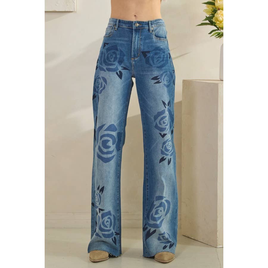 Washed Rose Print Detail Medium Wash Jeans