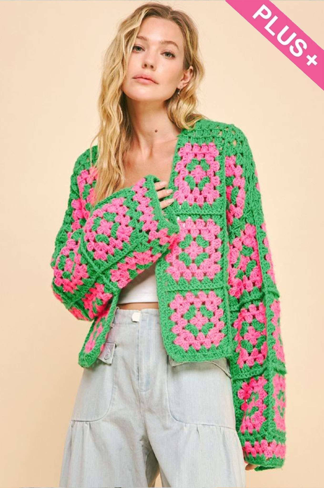 Two Tone Floral Square Crochet Open Knit Cardigan (Plus)
