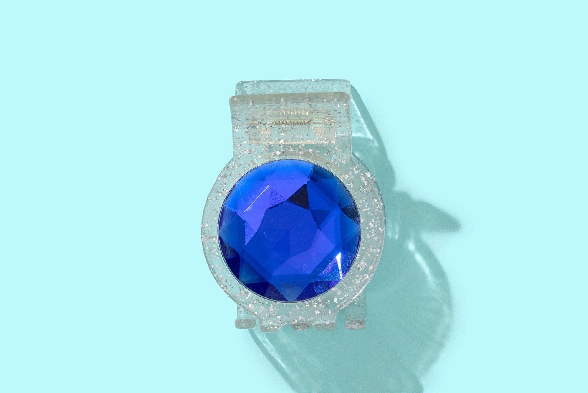 Claw Hair Clip - Sm - Silver Glitter w/Blue Circle Gemstones