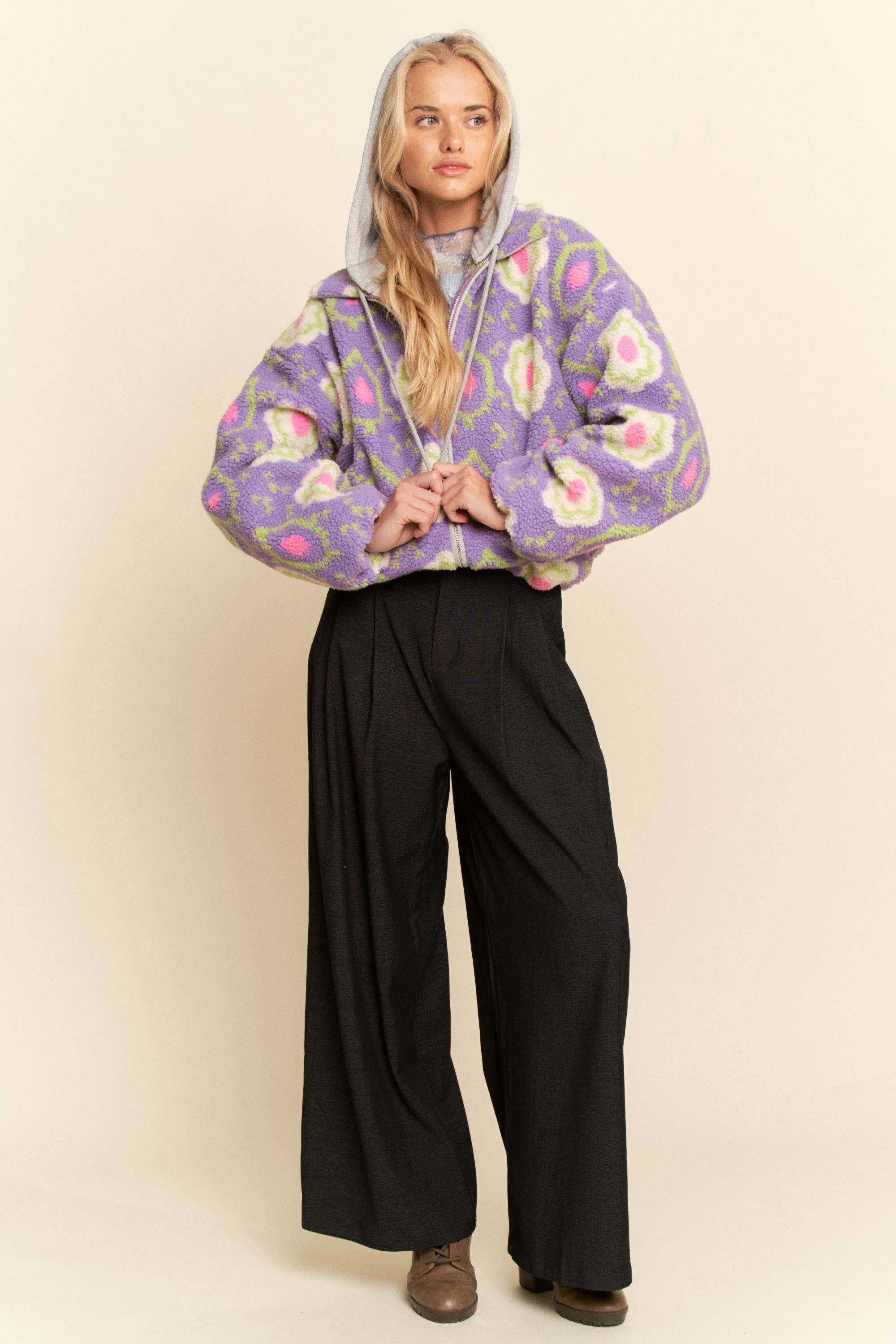 Purple Floral Sherpa Zip Jacket