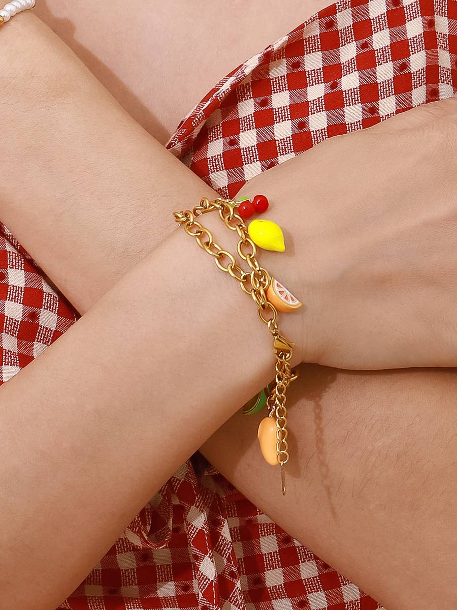 Fruity 18K Gold Non-Tarnish Fruit Charm Bracelet