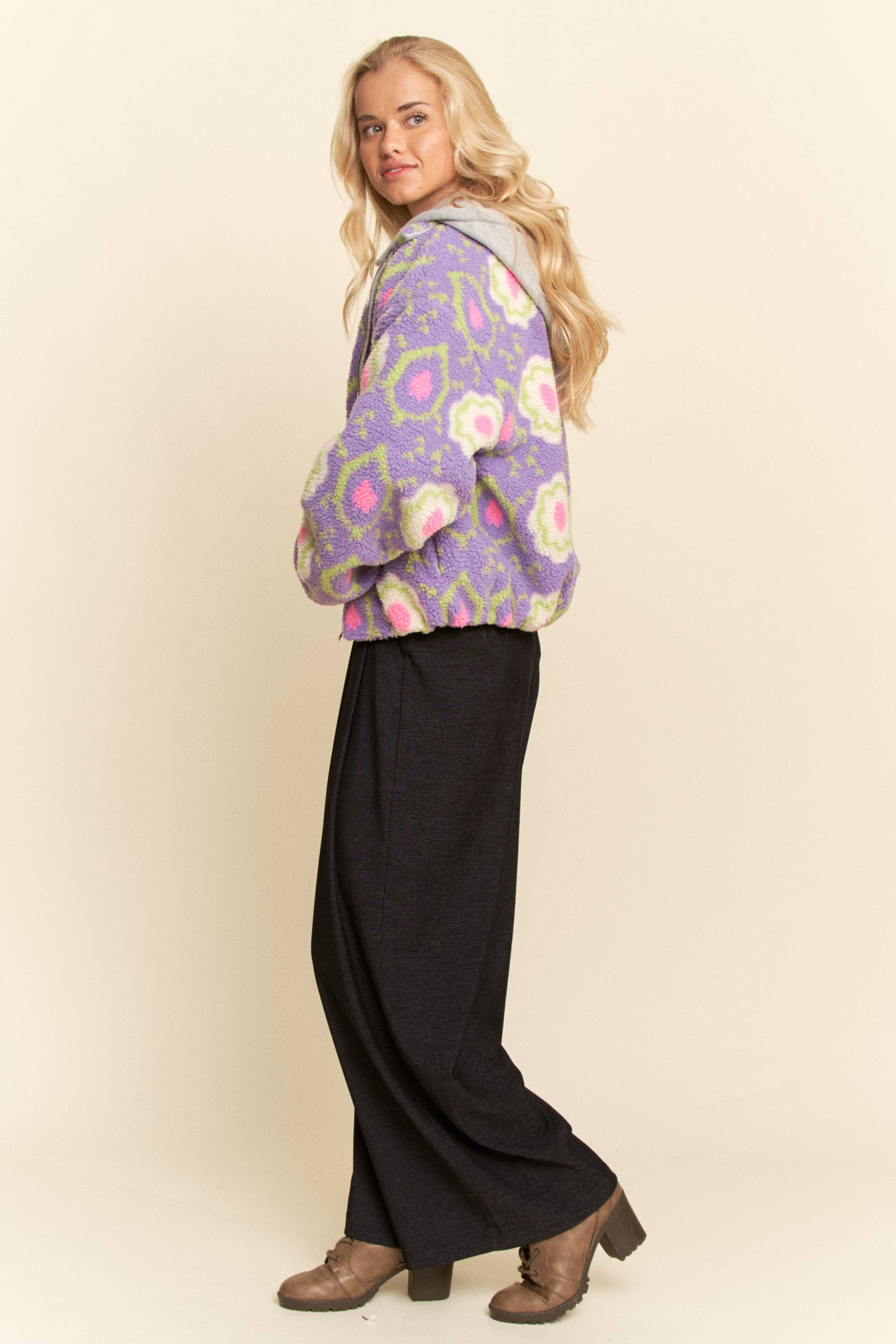 Purple Floral Sherpa Zip Jacket