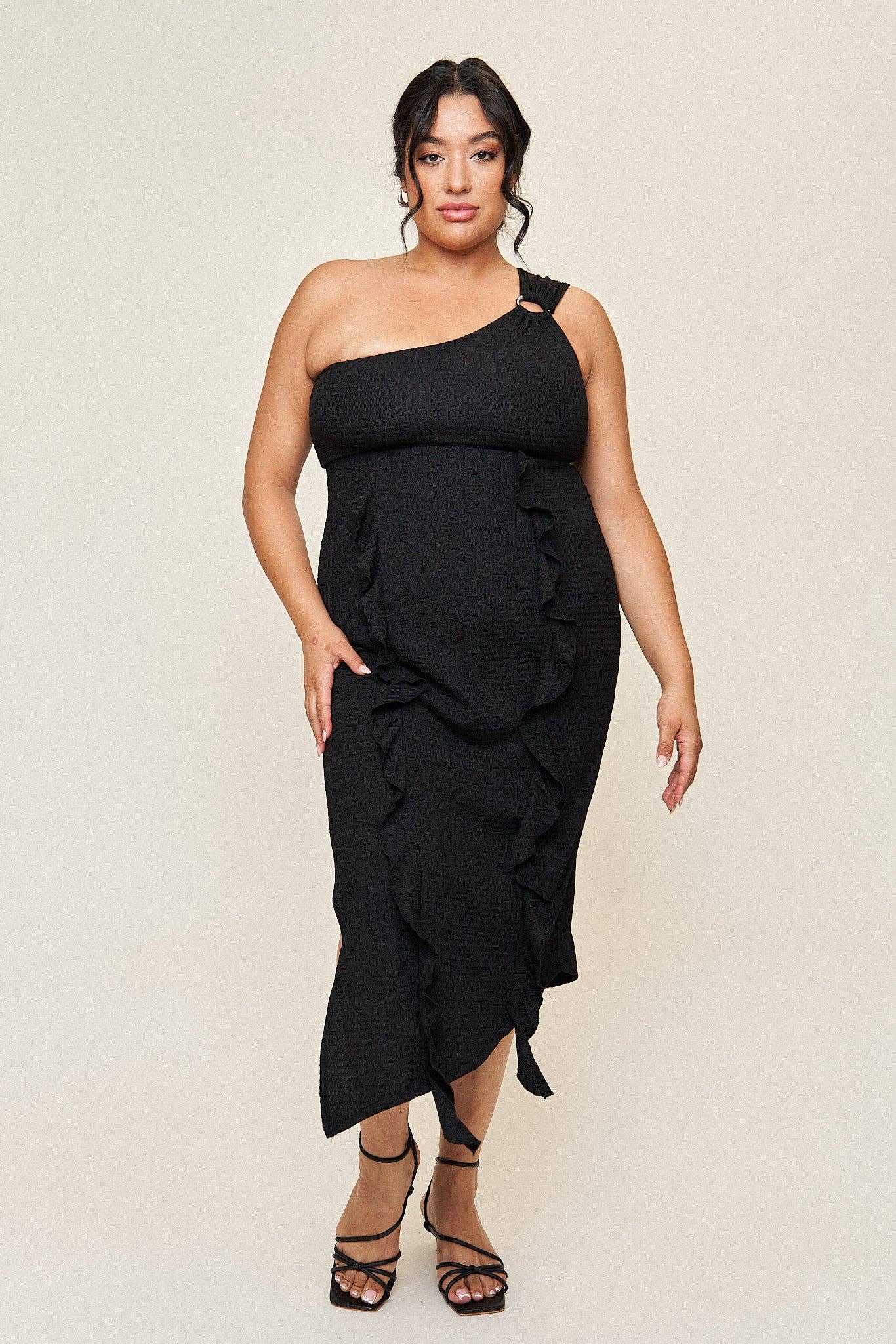 "Emily” One Shoulder O-Ring Dress in Black