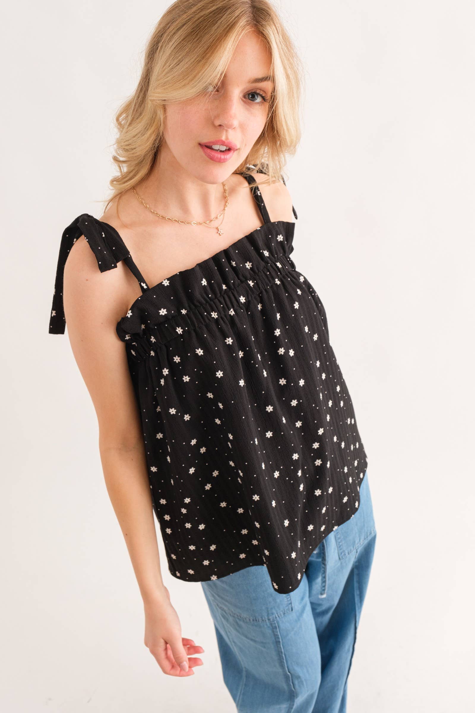 Daisy Polka Dot Print Ruffle Tank Top (Plus)