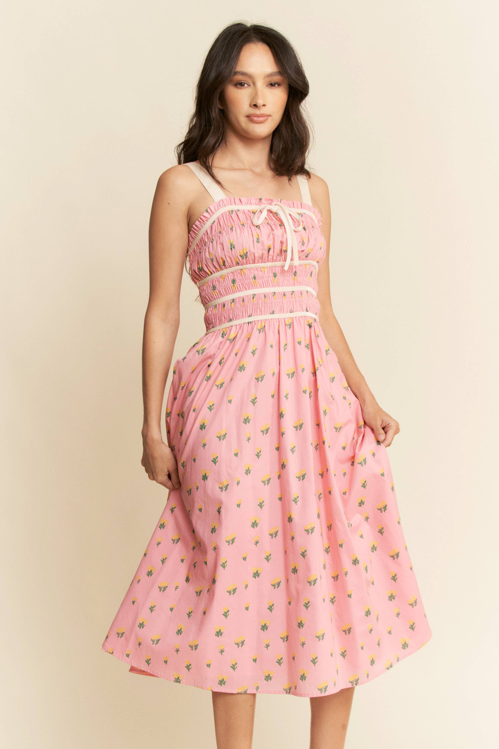 Contrast Velvet Smocking Bodice Midi Dress (Plus)
