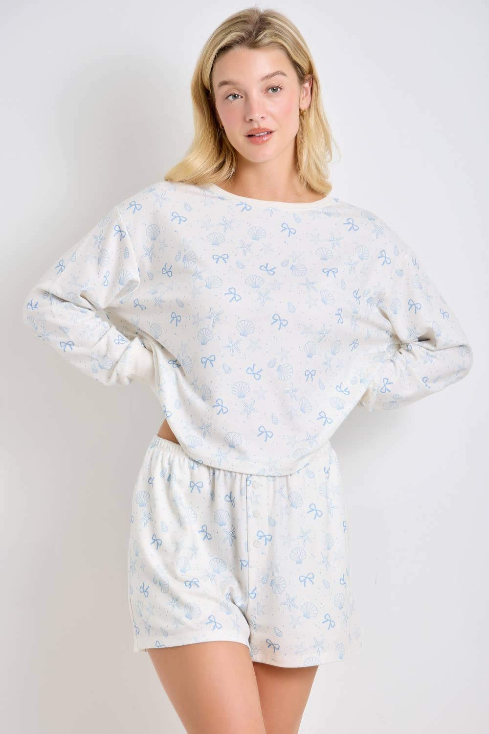 Shell & Bow Print Long Sleeve Top (Plus)