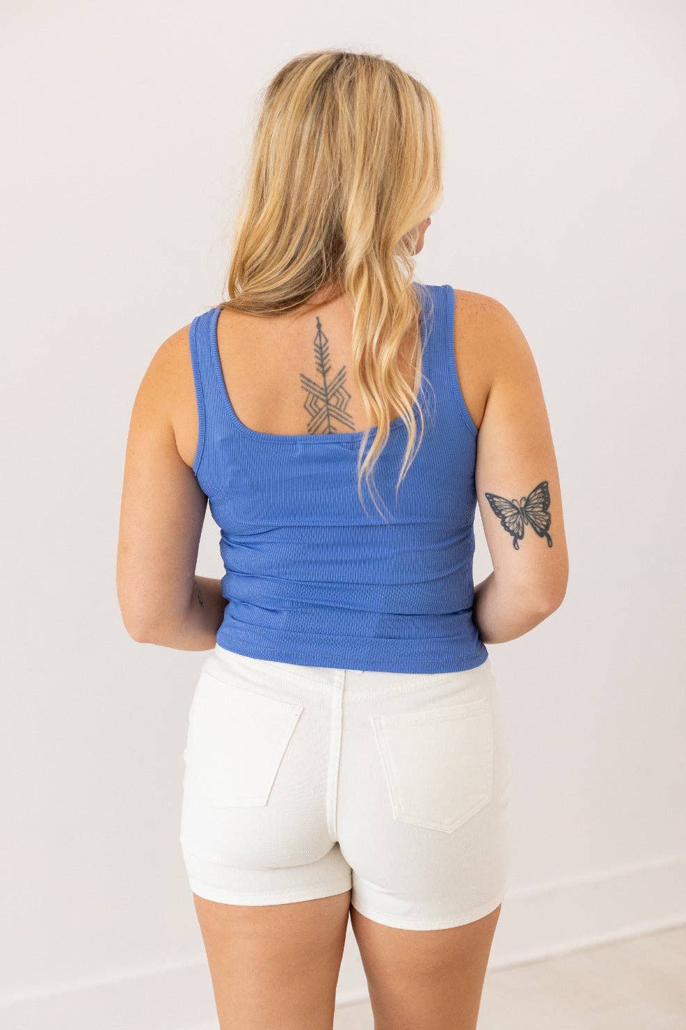 Square Neck Rib Knit Tank Top, Blue