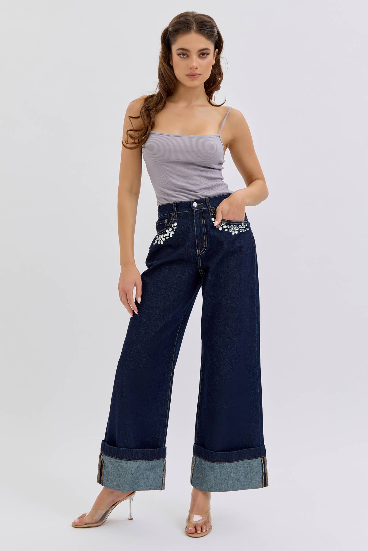 Dark Wash High Rise Wide Leg with Rhinestone Pocket Detail