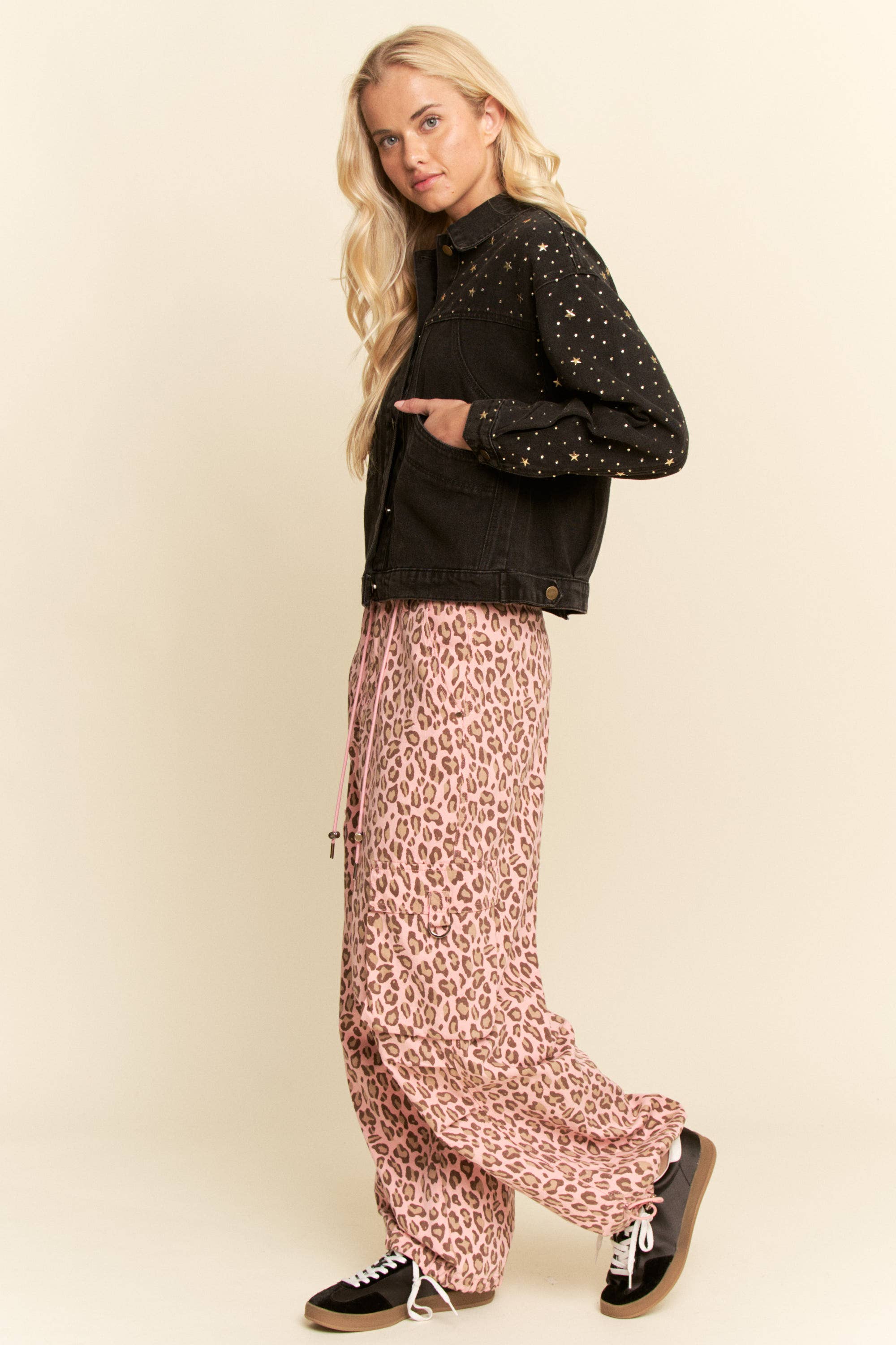 Washed Leopard Elastic Waist Jeans (Plus)