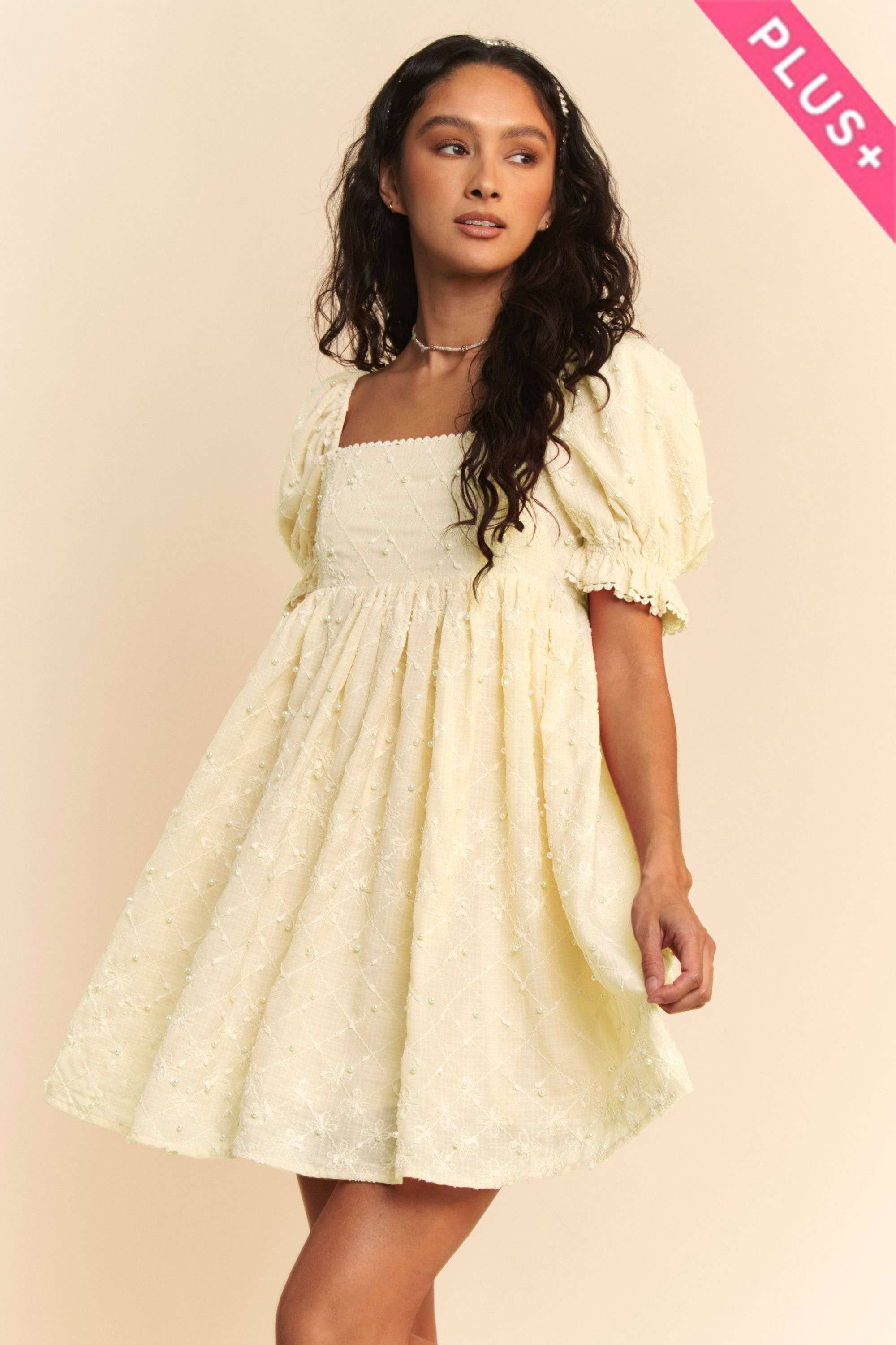 Puff Sleeve Floral & Pearl Detail Mini Dress (Plus)