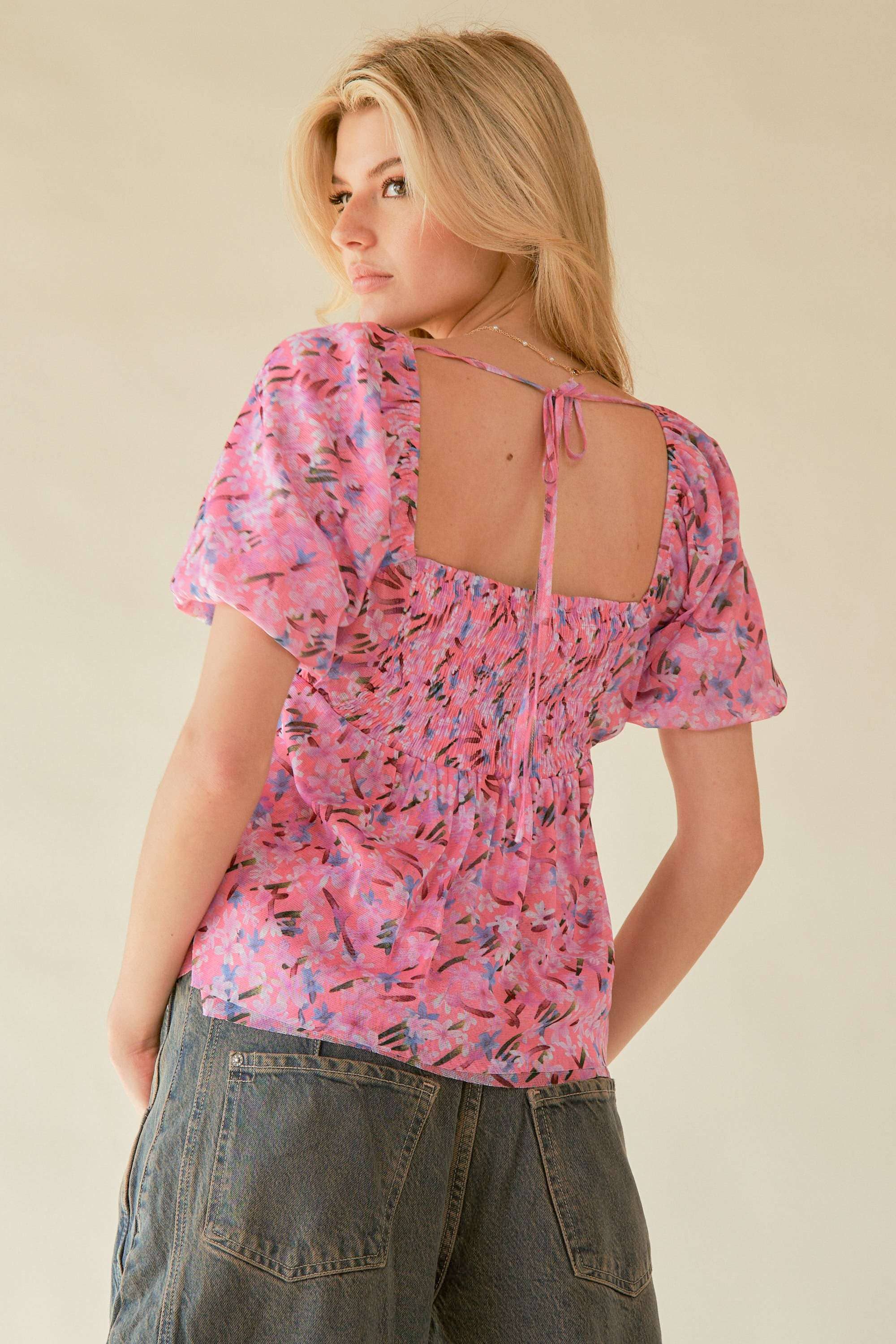 Floral Printed Puff Double Layered Mesh Blouse (Plus)