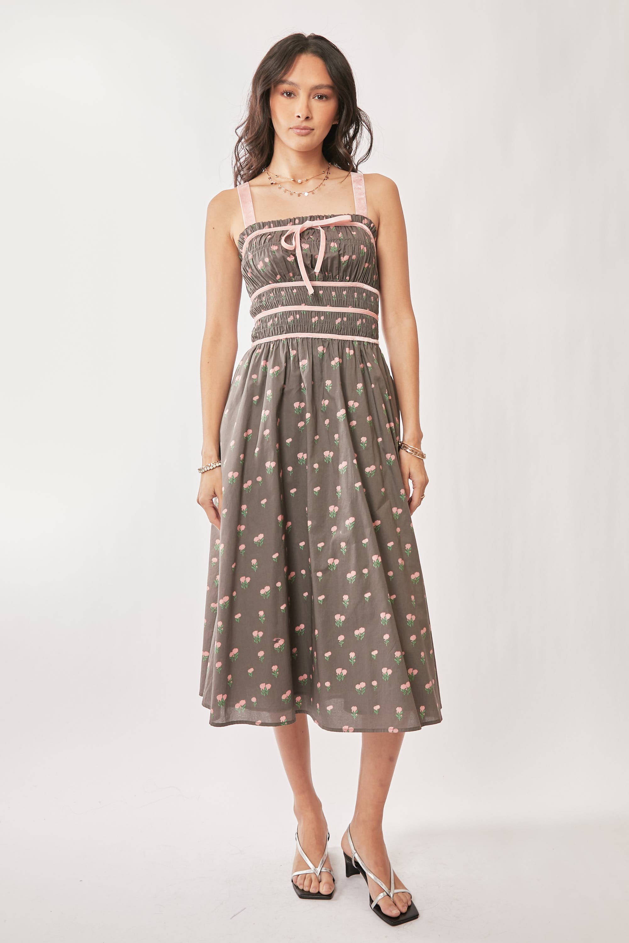 Contrast Velvet Smocking Bodice Midi Dress
