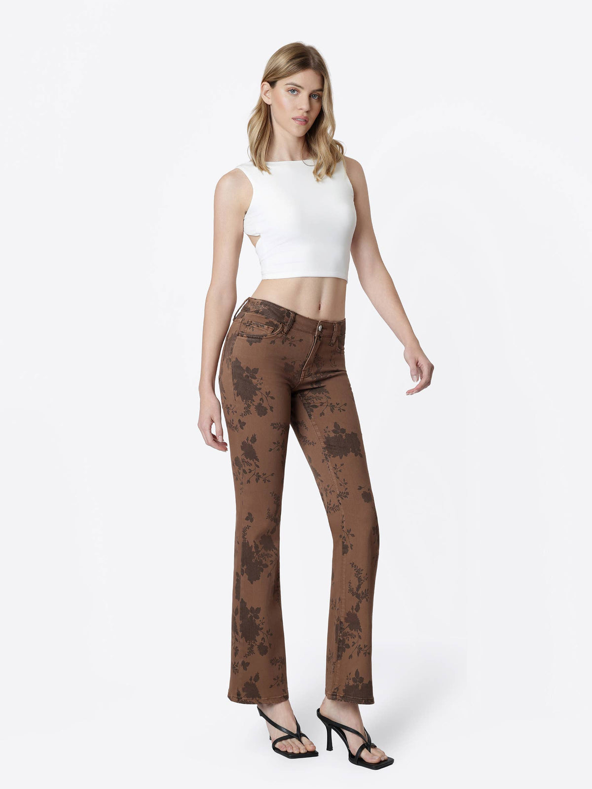 Low Rise Stretch Brown Floral Print Bootcut Jeans