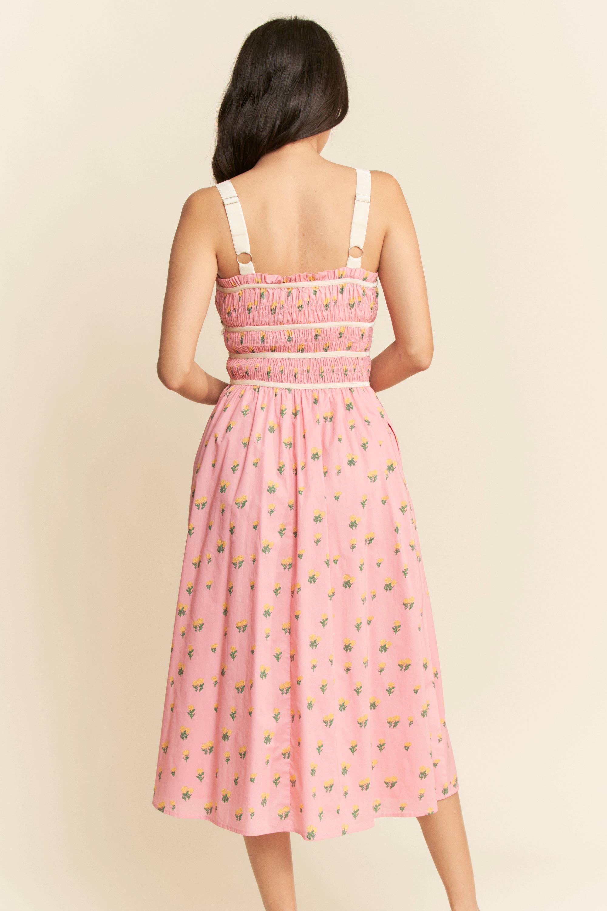 Contrast Velvet Smocking Bodice Midi Dress