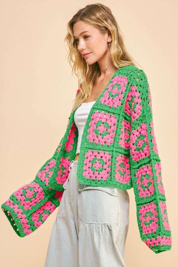 Two Tone Floral Square Crochet Open Knit Cardigan (Plus)