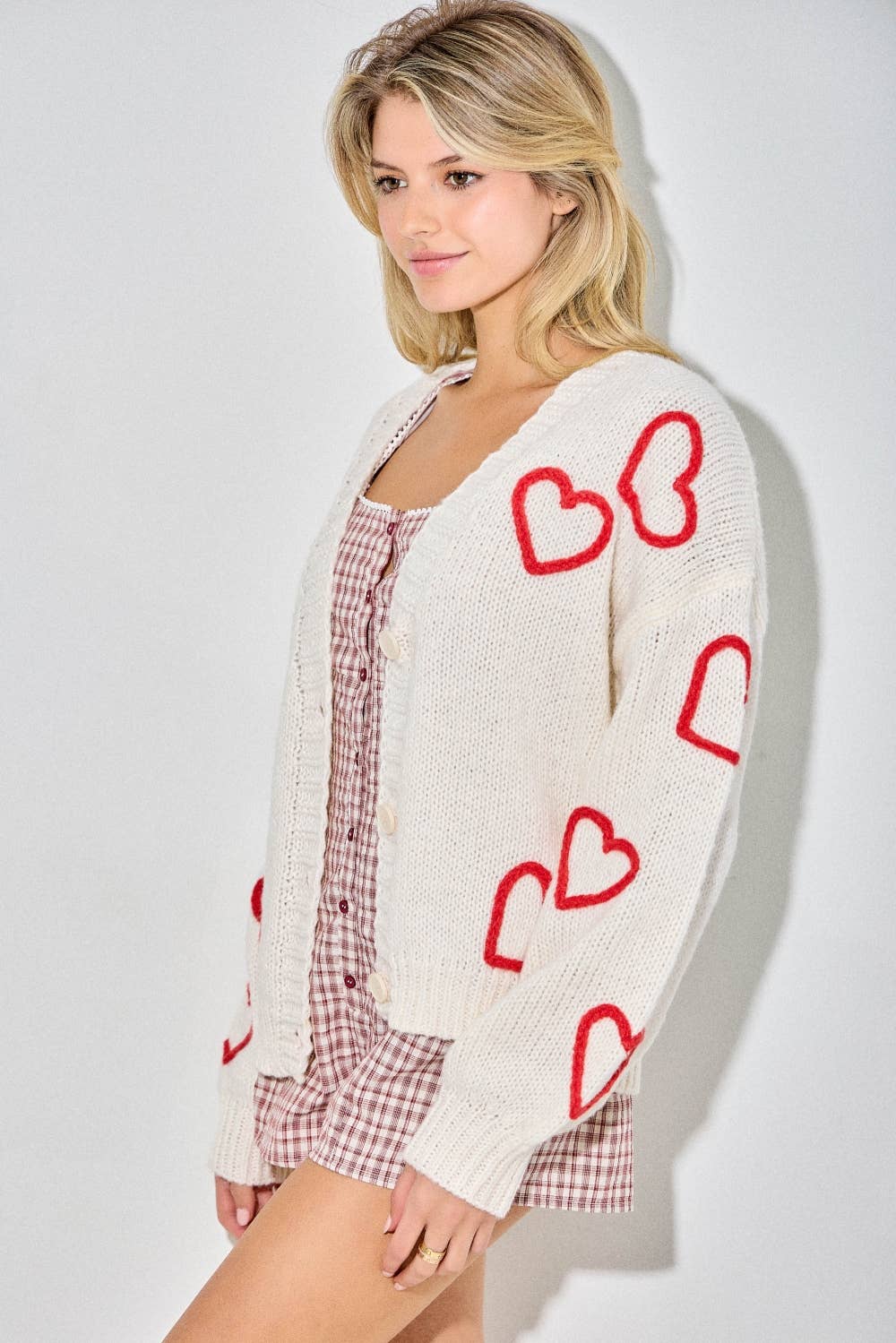 Cream Cardigan with Heart Embroidery