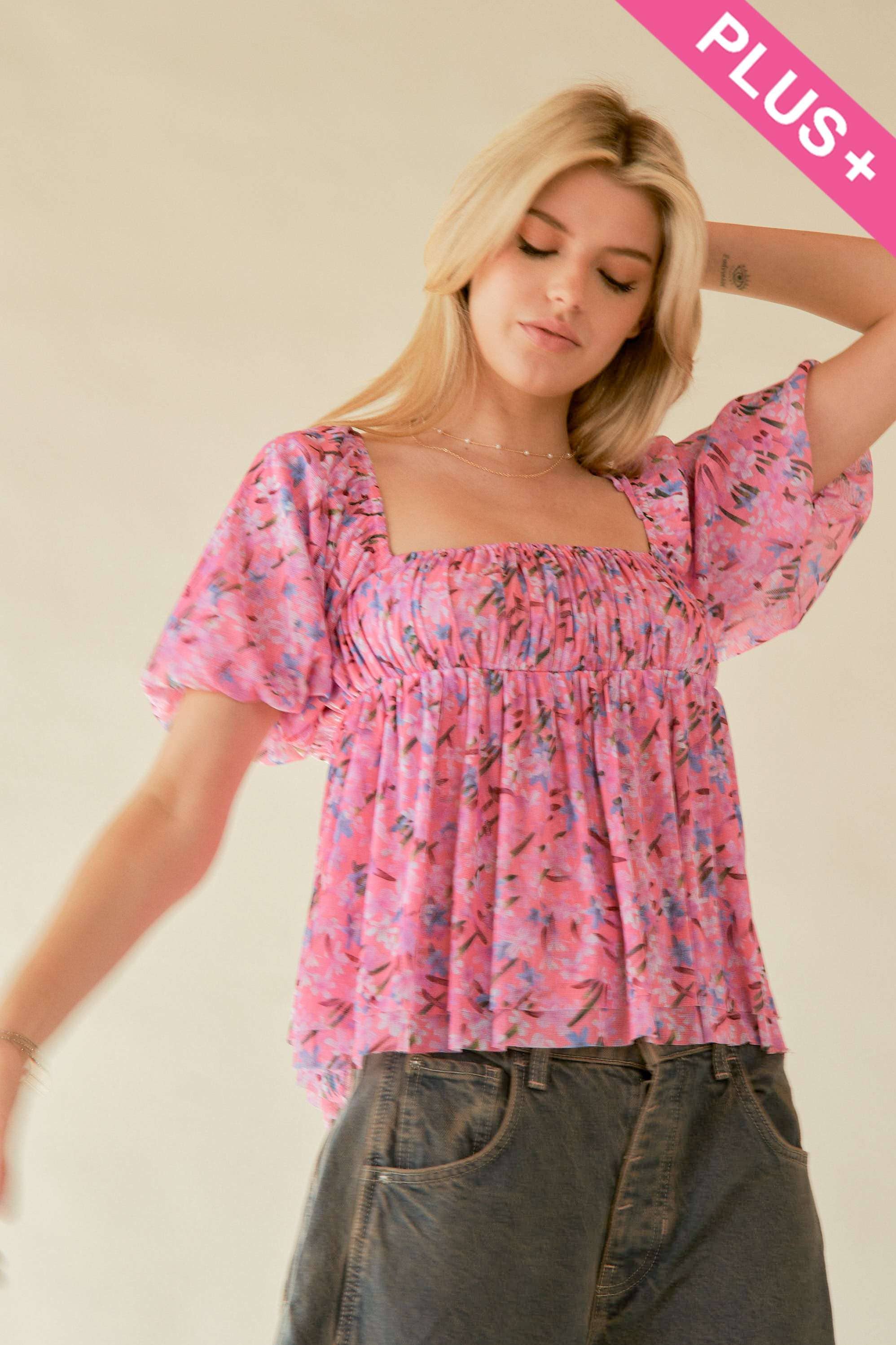 Floral Printed Puff Double Layered Mesh Blouse (Plus)