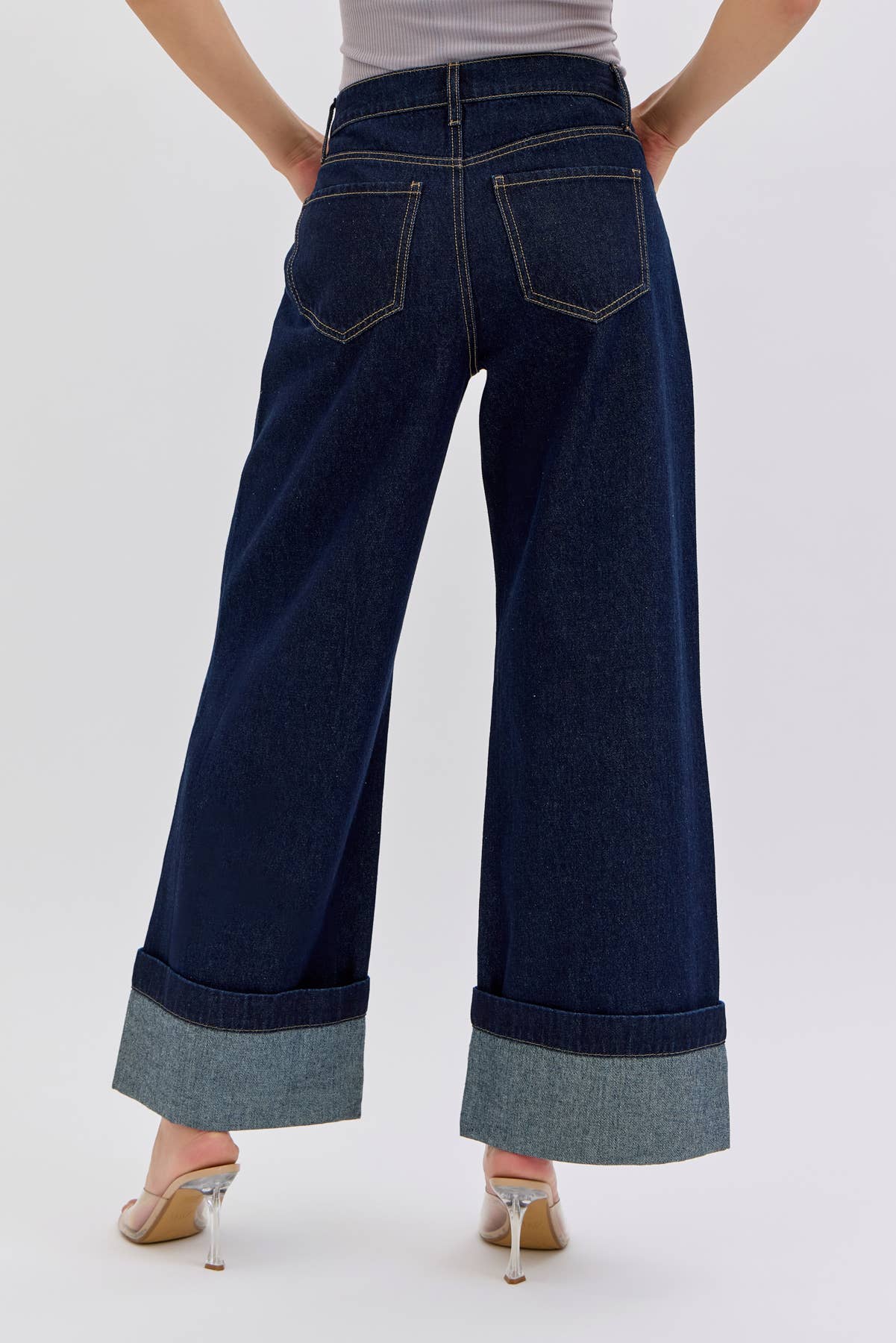 Dark Wash High Rise Wide Leg with Rhinestone Pocket Detail