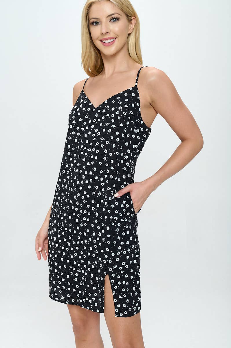 WHITE DITSY FLORAL PRINT DRESS BLACK