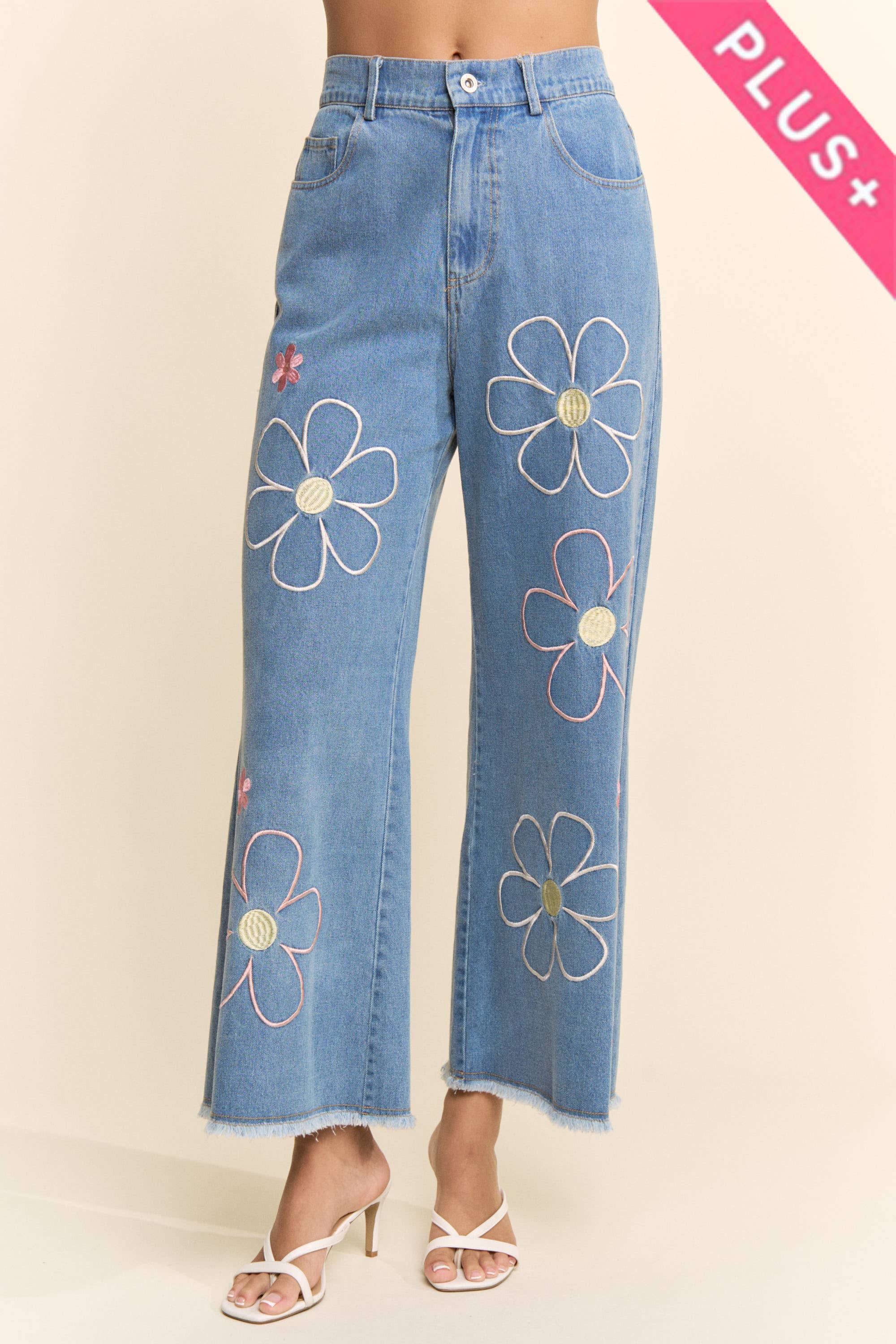Flower Embroidered Jeans (Plus)