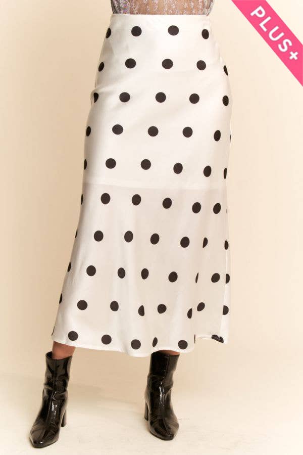 White & Black Polka Satin Dot Midi Skirt (Plus)