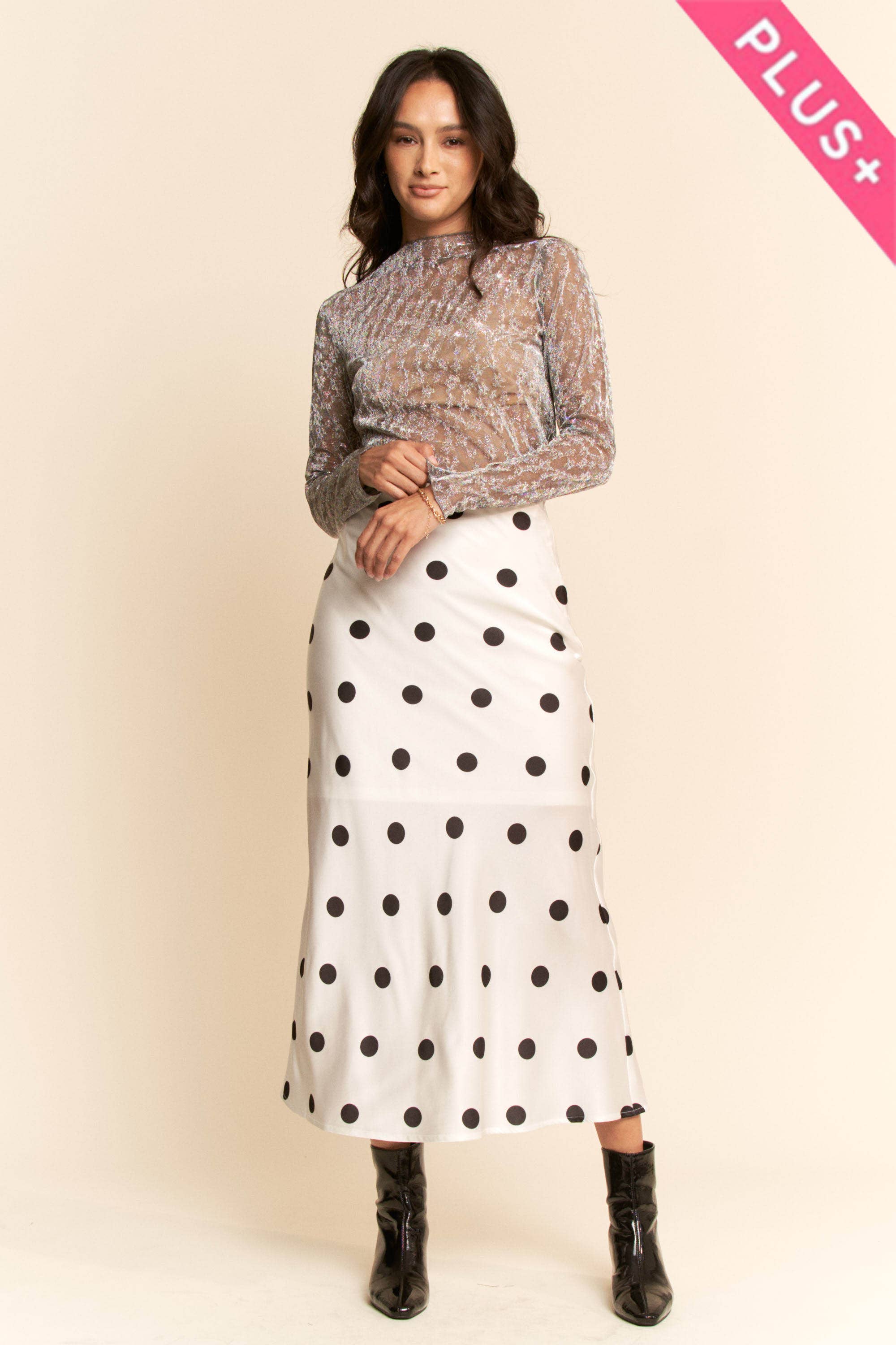 White & Black Polka Satin Dot Midi Skirt (Plus)