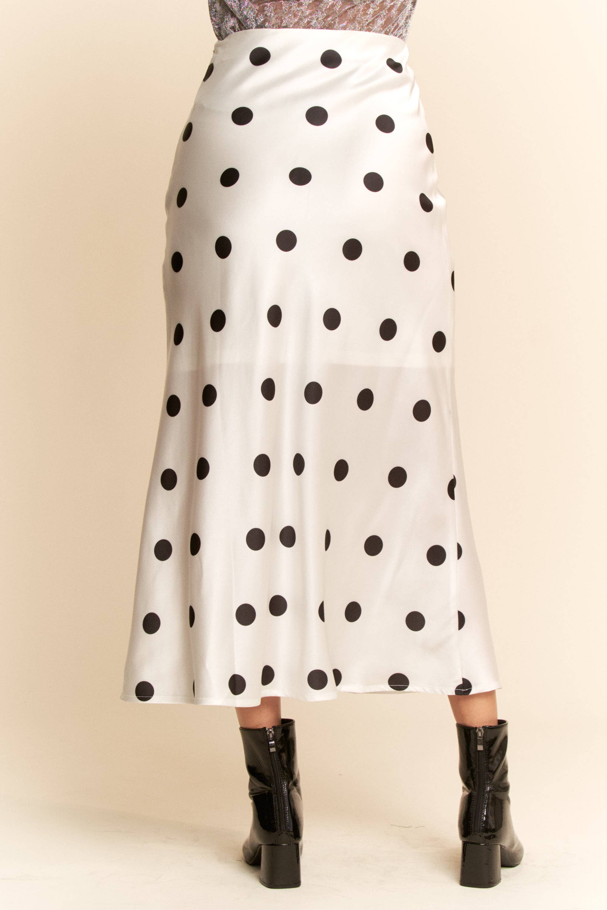 White & Black Polka Satin Dot Midi Skirt (Plus)