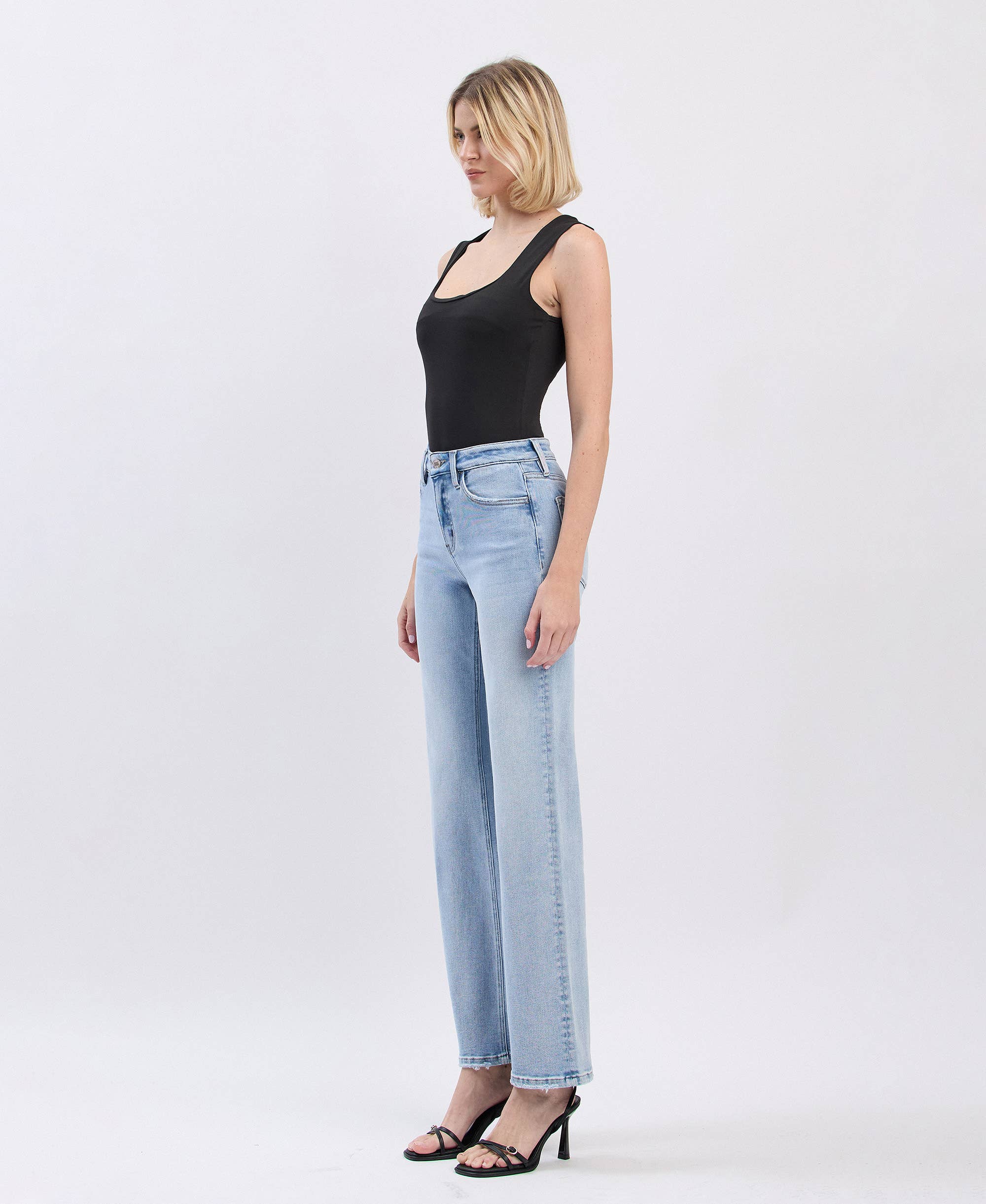 High Rise Light Wash Slim Wide Leg Jeans