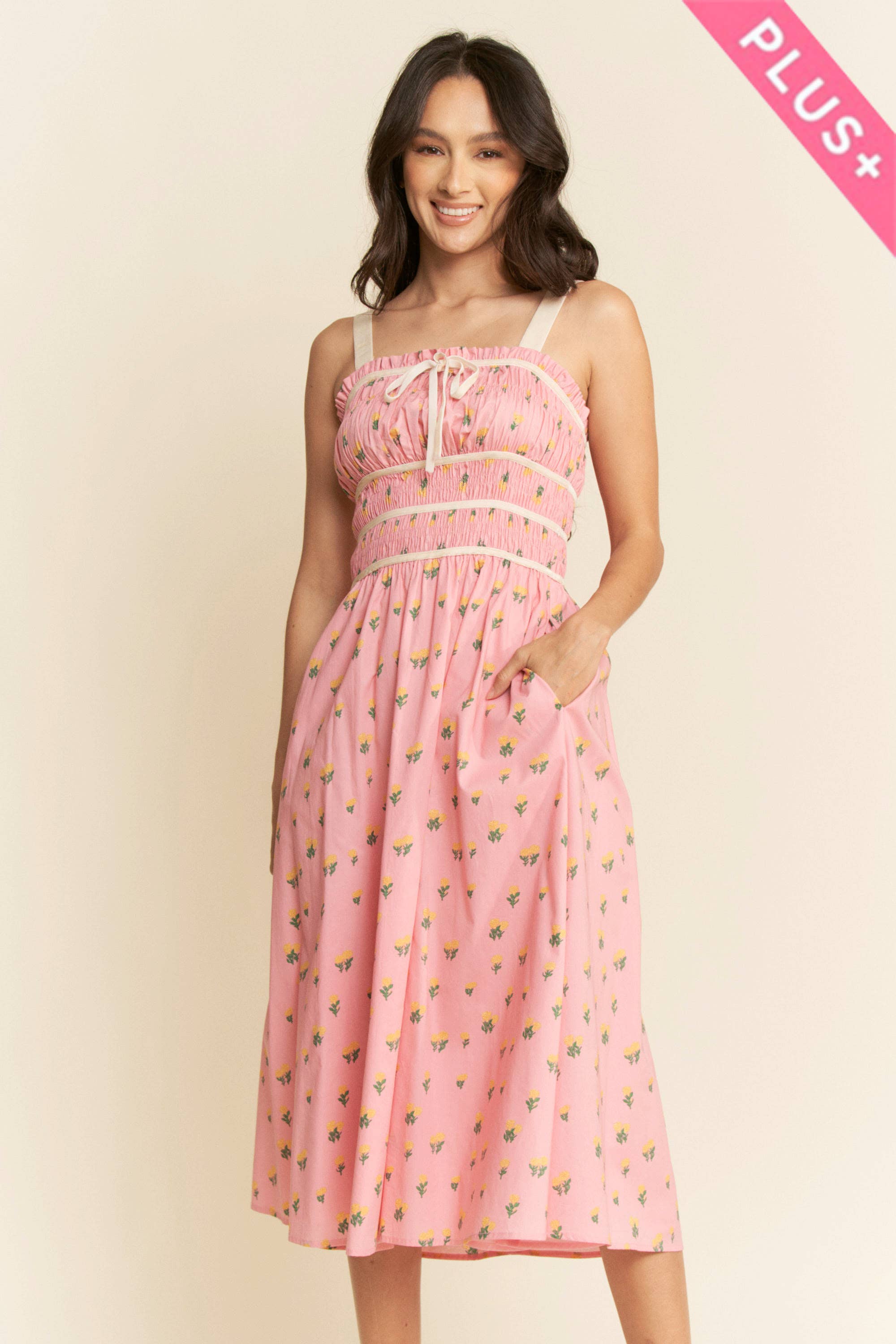 Contrast Velvet Smocking Bodice Midi Dress (Plus)