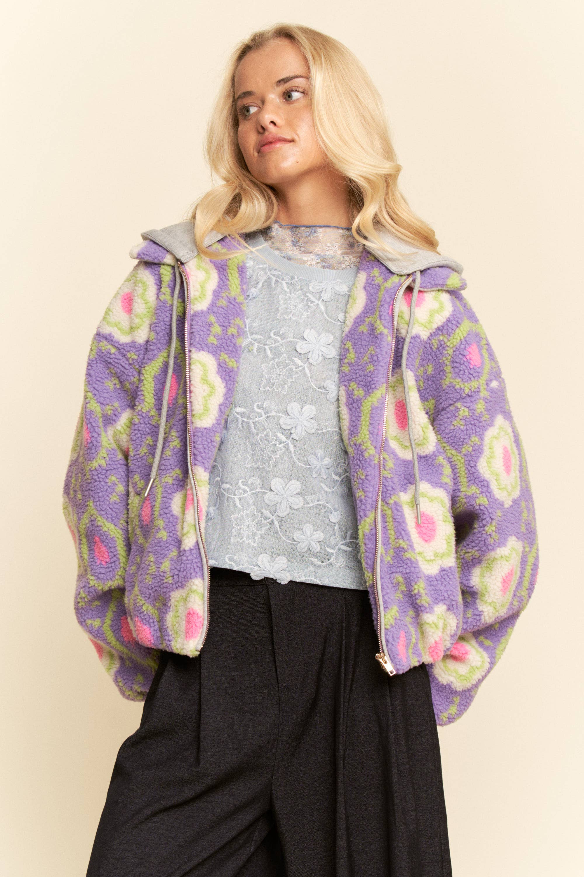 Purple Floral Sherpa Zip Jacket