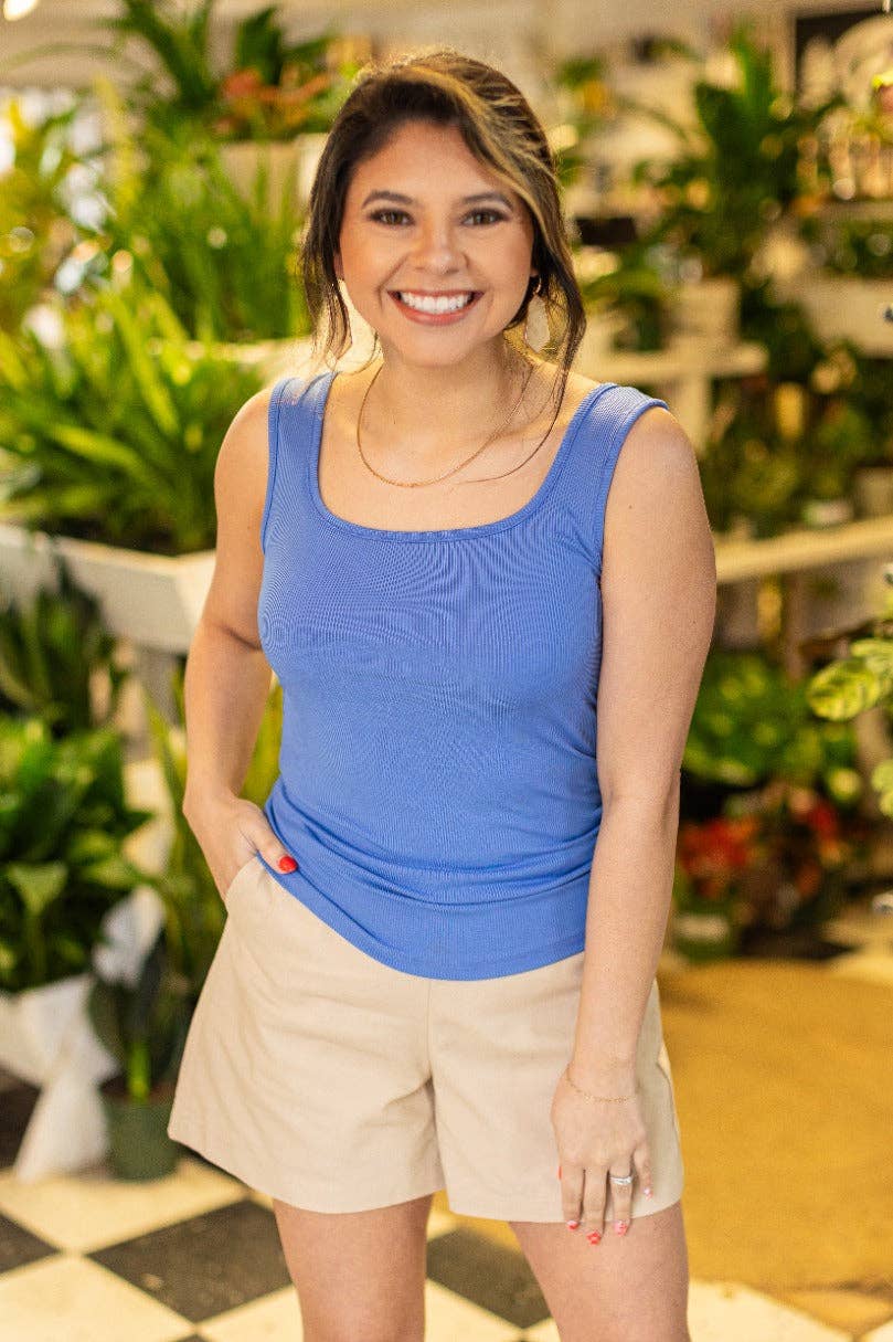 Square Neck Rib Knit Tank Top, Blue