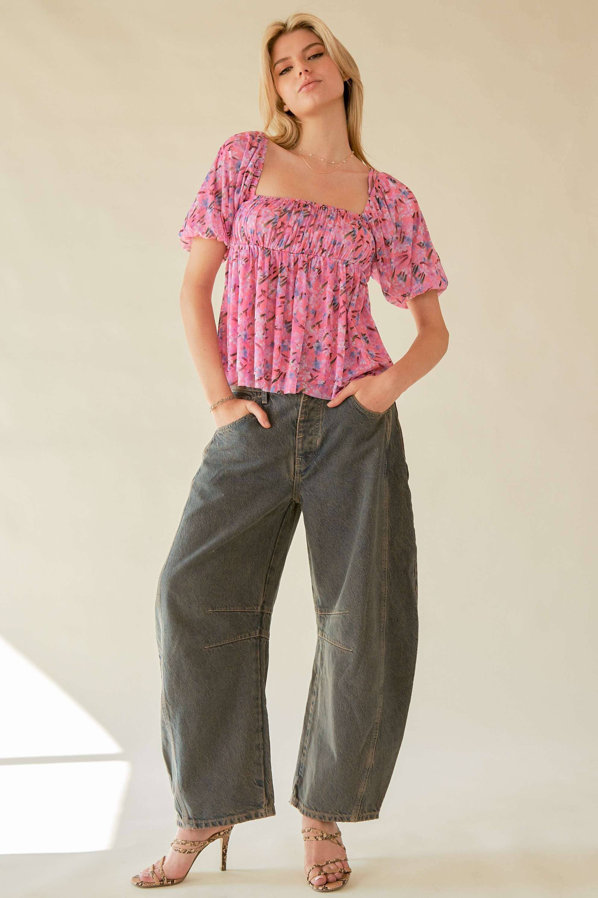 Floral Printed Puff Double Layered Mesh Blouse