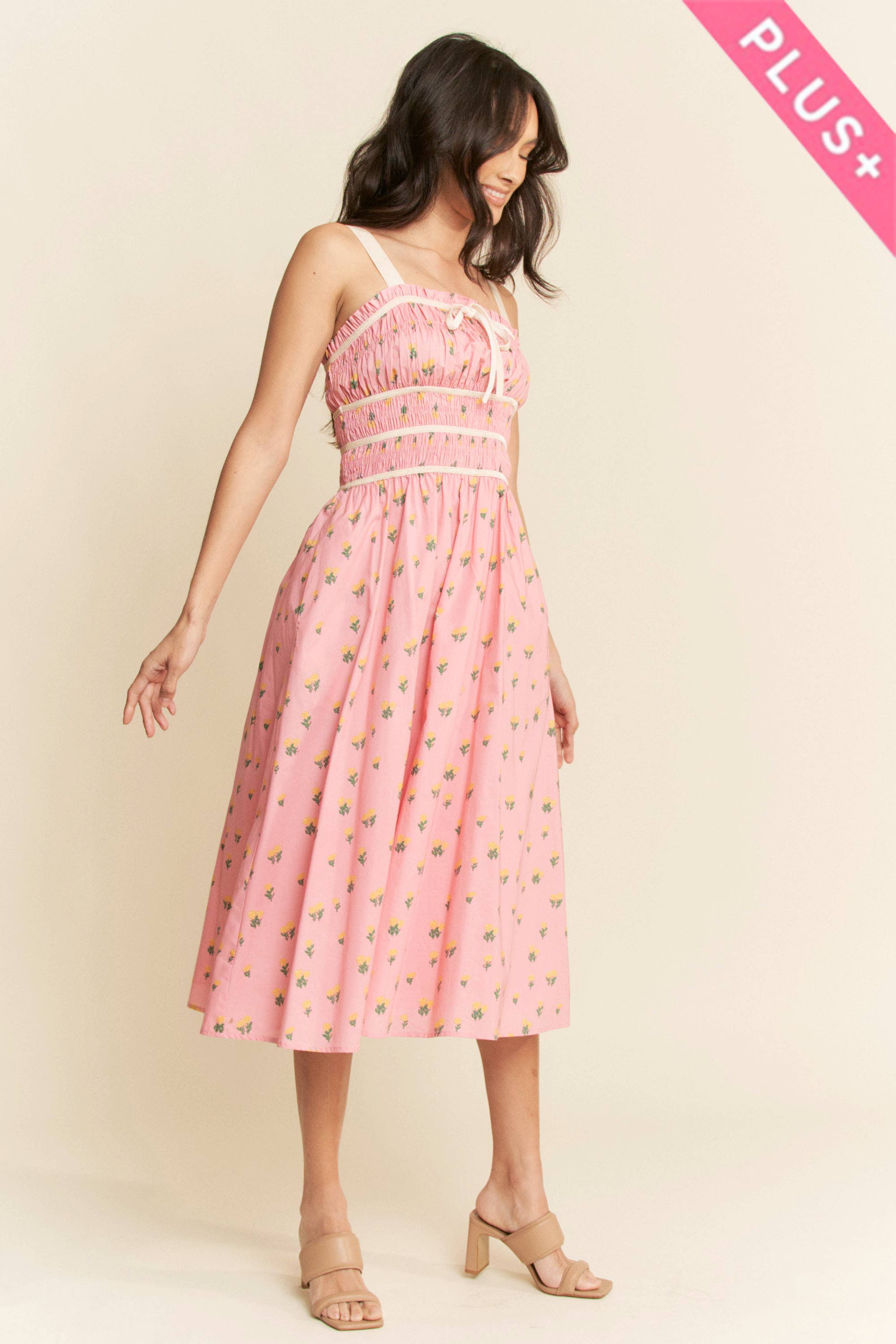 Contrast Velvet Smocking Bodice Midi Dress (Plus)