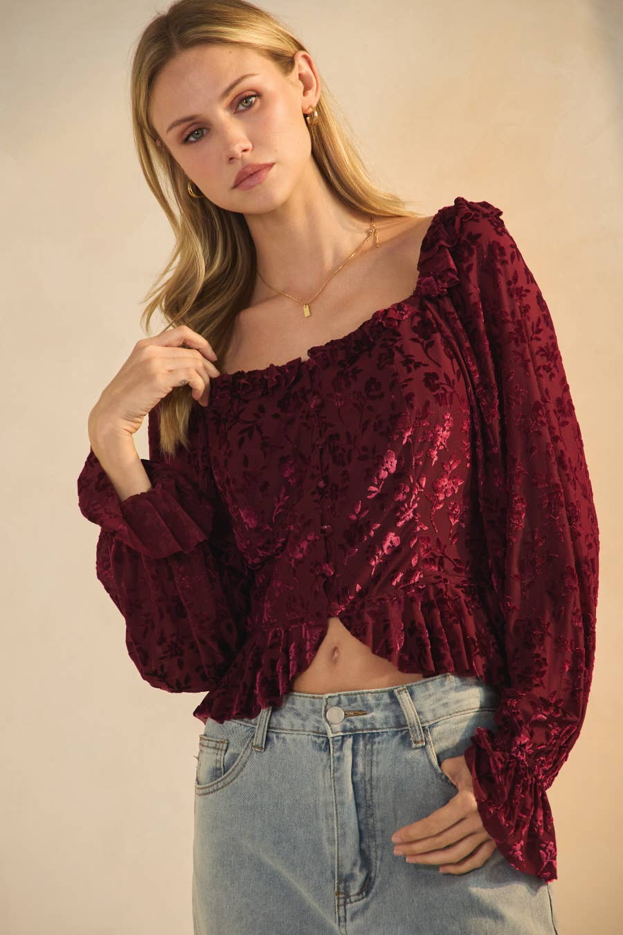 Plus Burn Out Velvet Floral Blouse