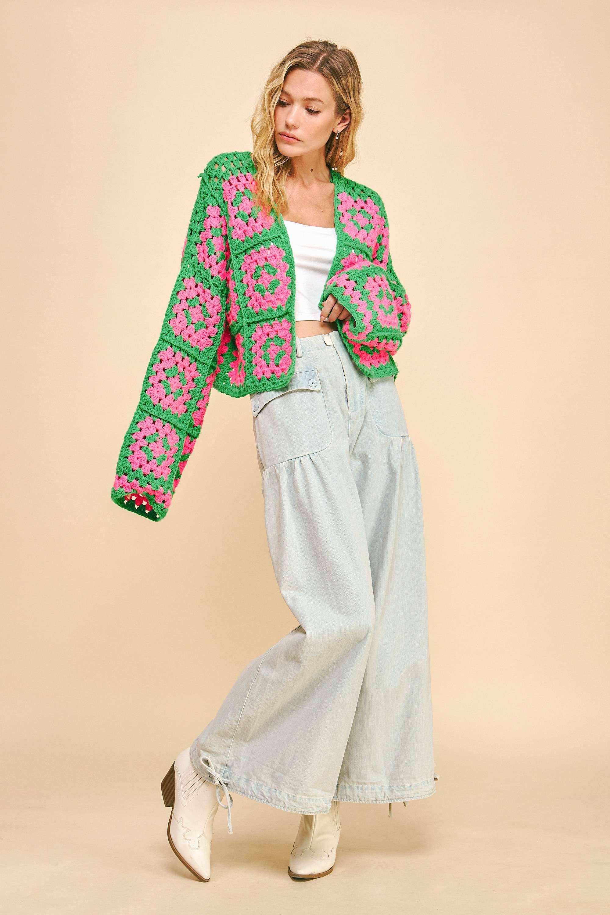 Two Tone Floral Square Crochet Open Knit Cardigan