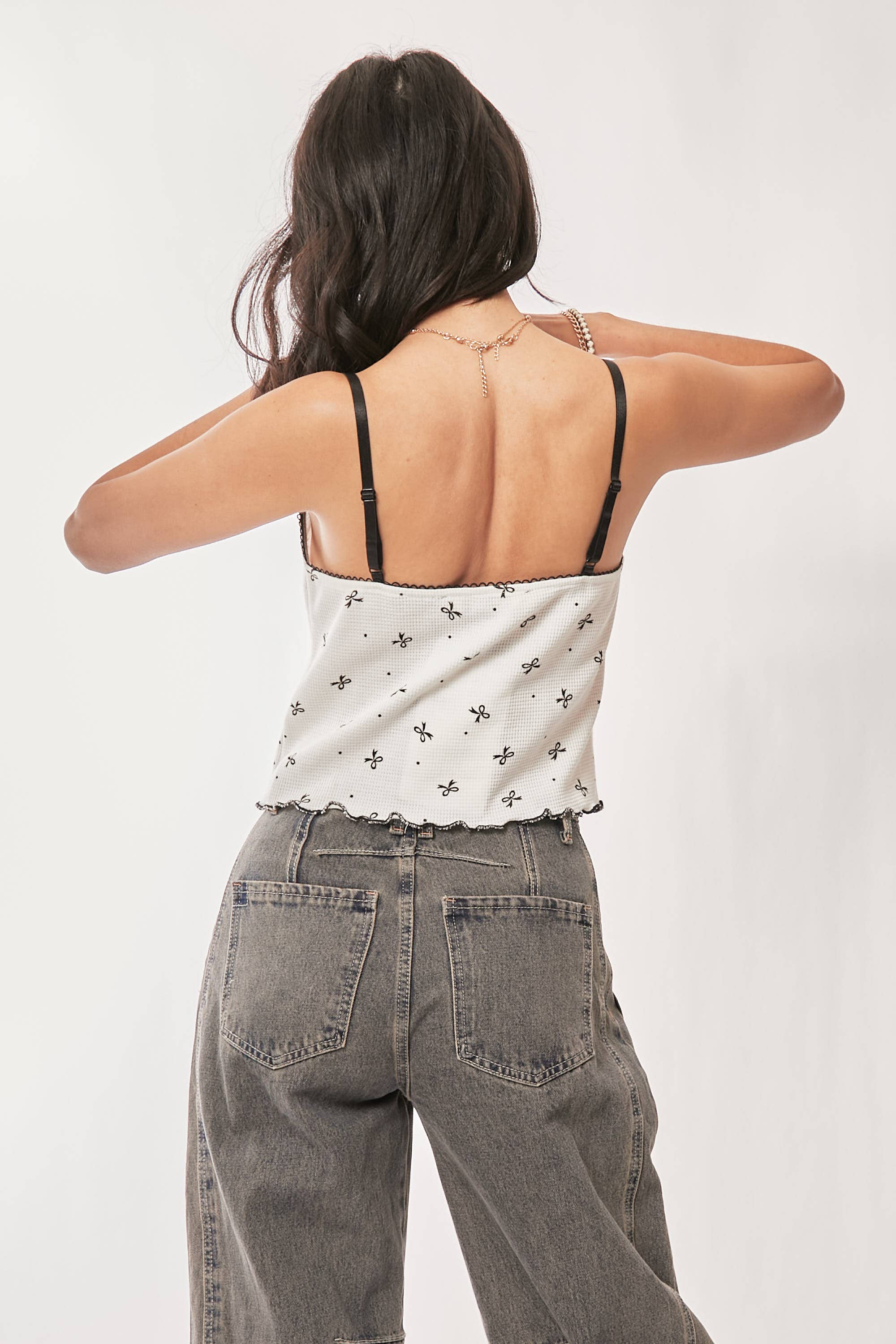 Lace Detail Bow Printed Waffle Knit Cami