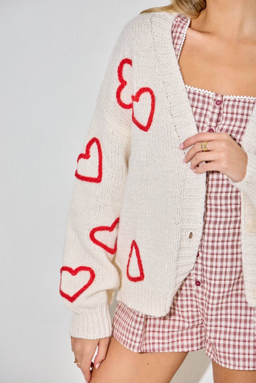 Cream Cardigan with Heart Embroidery
