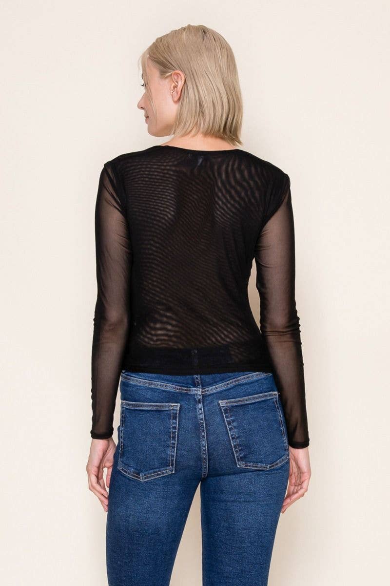 Long Sleeve Black Wrap Top With Mesh Sleeves