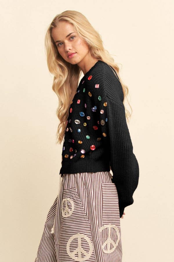 Multicolor Rhinestone Bejeweled Sweater