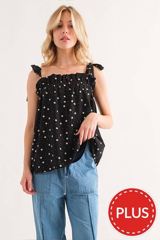Daisy Polka Dot Print Ruffle Tank Top (Plus)