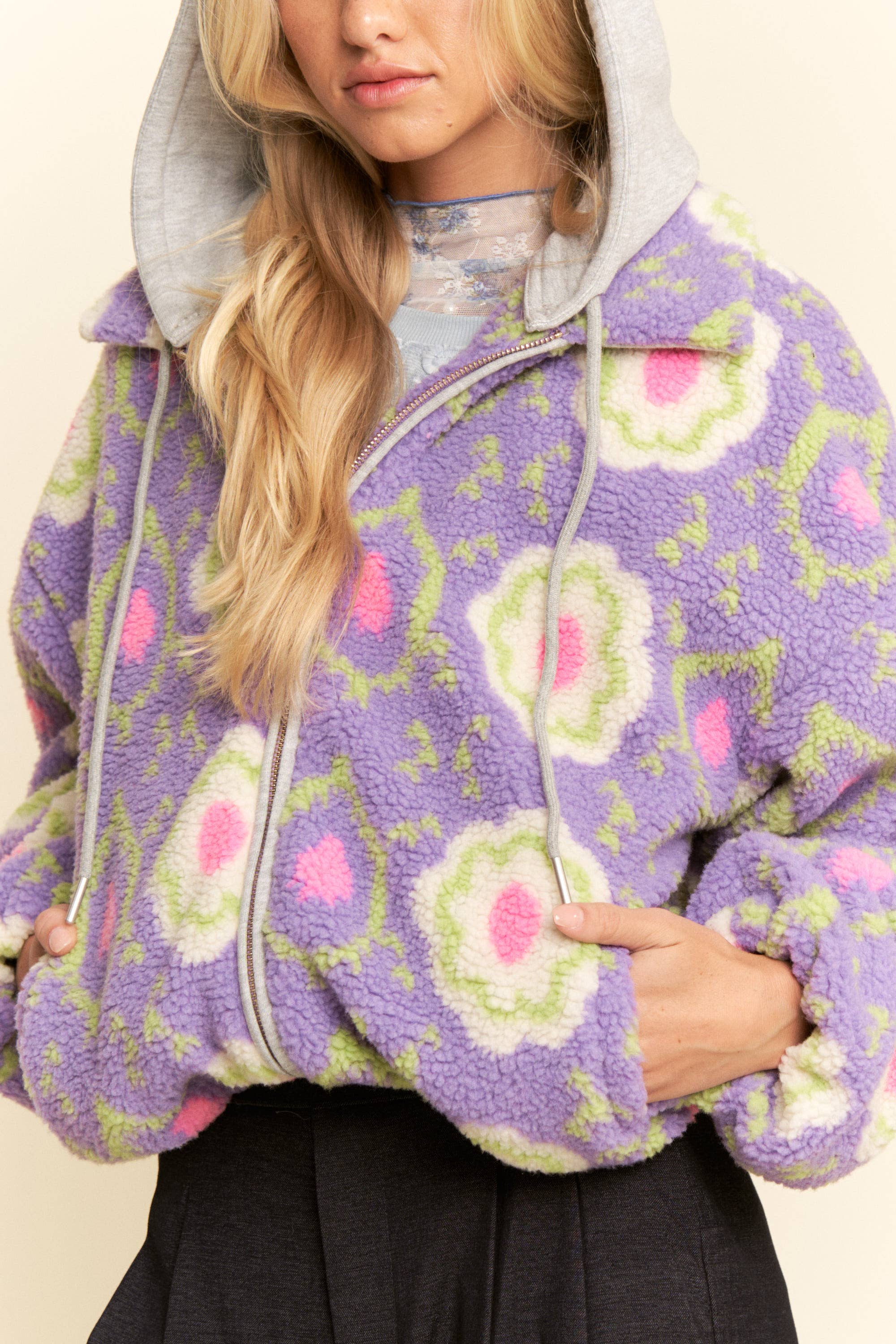 Purple Floral Sherpa Zip Jacket (Plus)