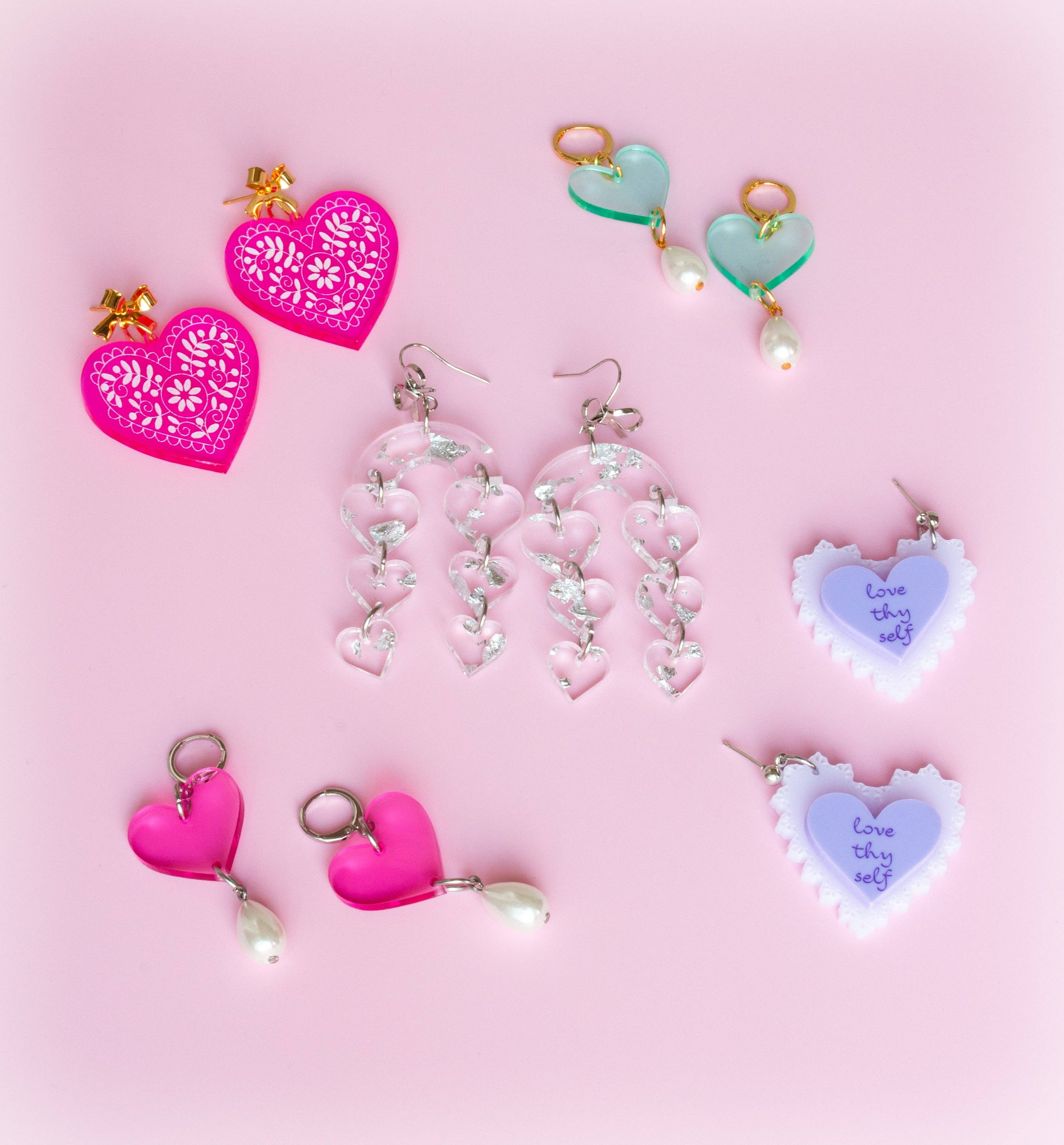 Acrylic Heart Pearl Drop Earrings