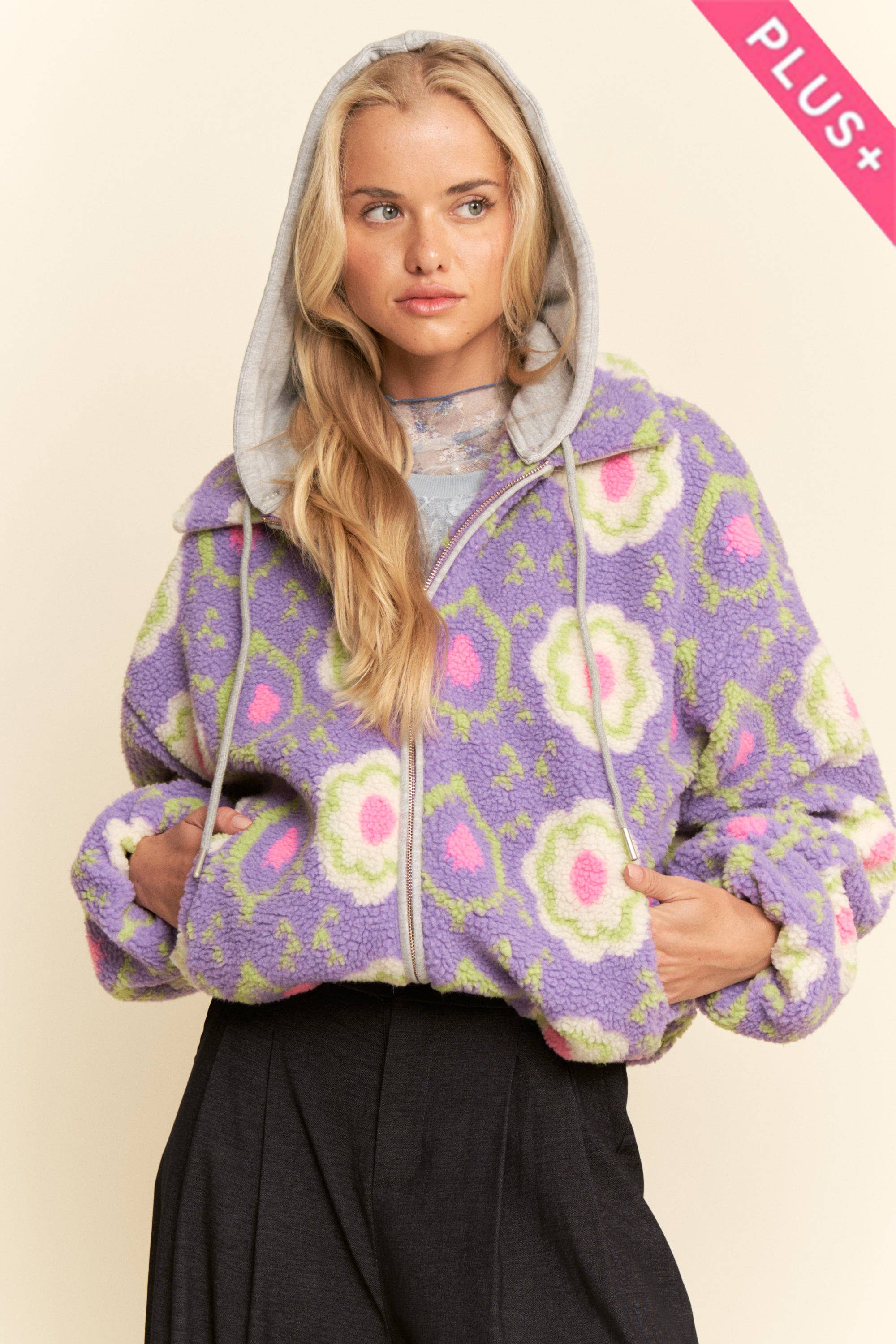 Purple Floral Sherpa Zip Jacket (Plus)