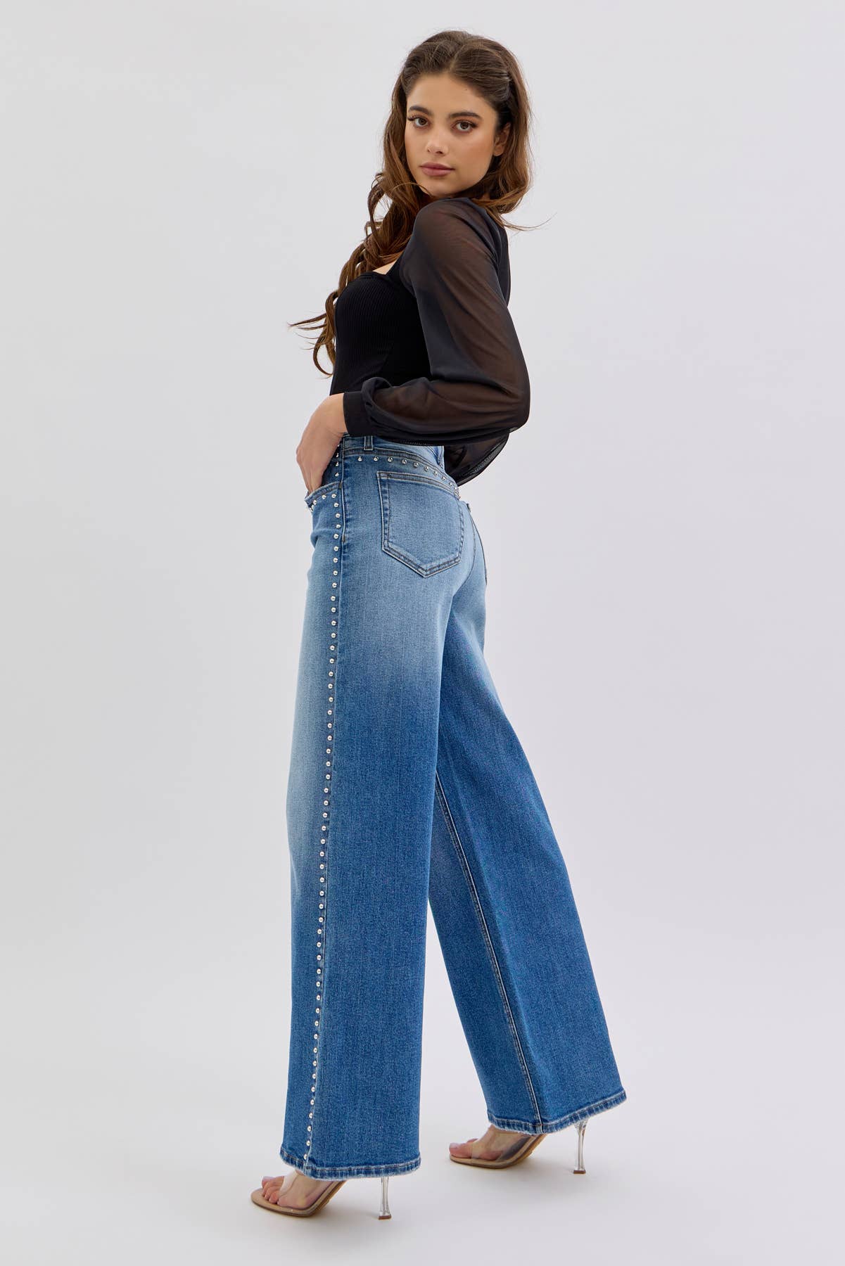 High Rise Studded Wide Leg Jeans
