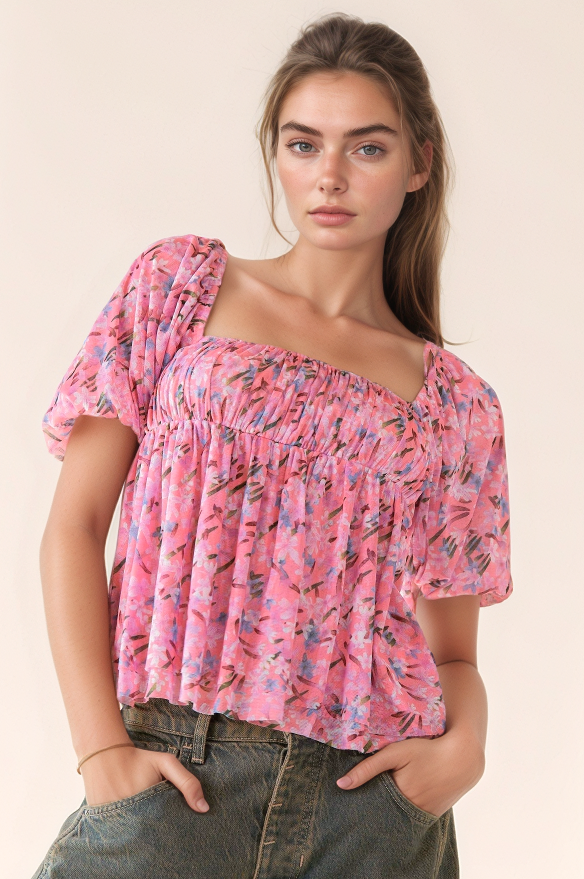 Floral Printed Puff Double Layered Mesh Blouse