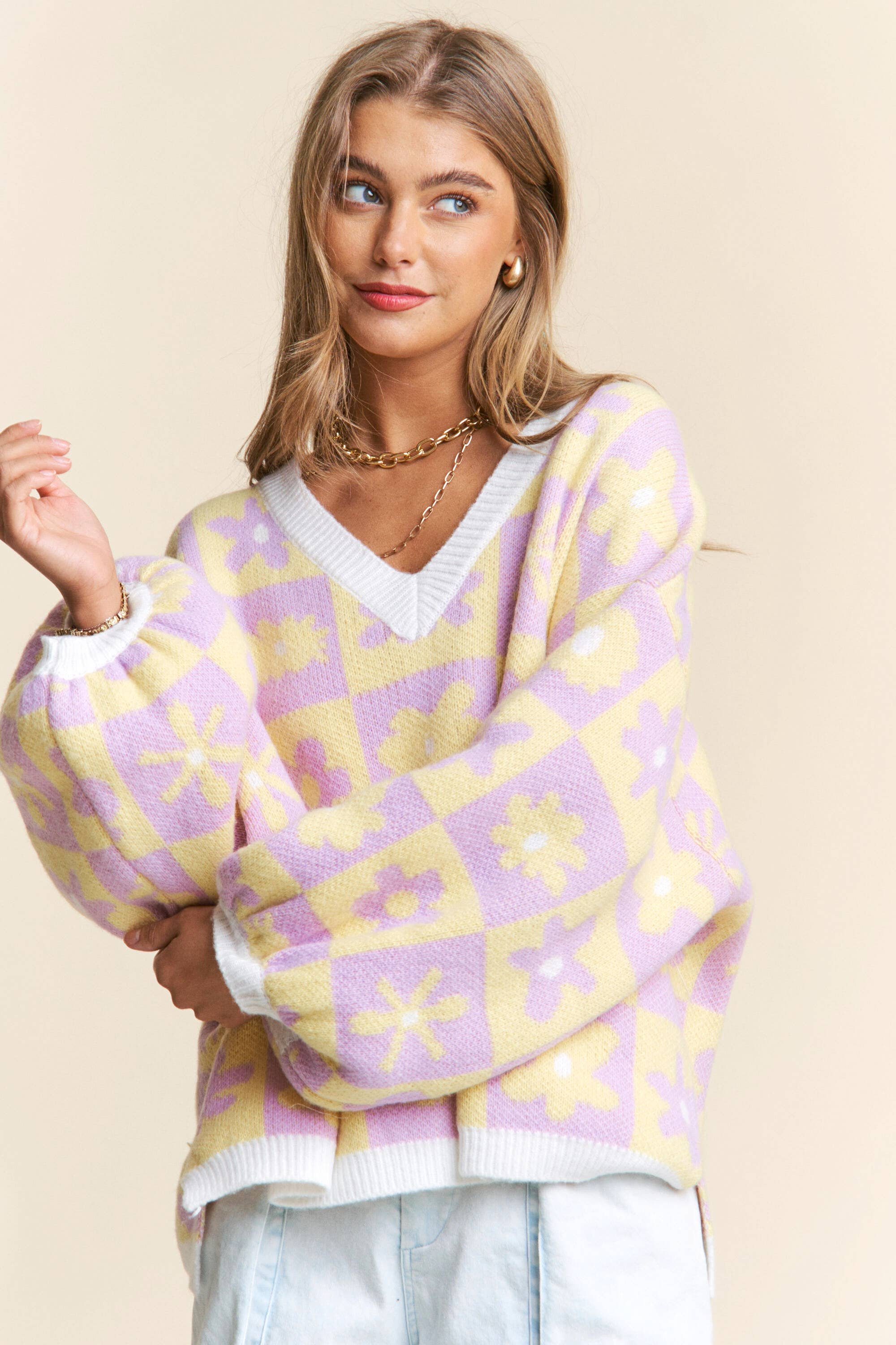 Floral Checkered Knit V Neck Sweater S-L / 1X-3X