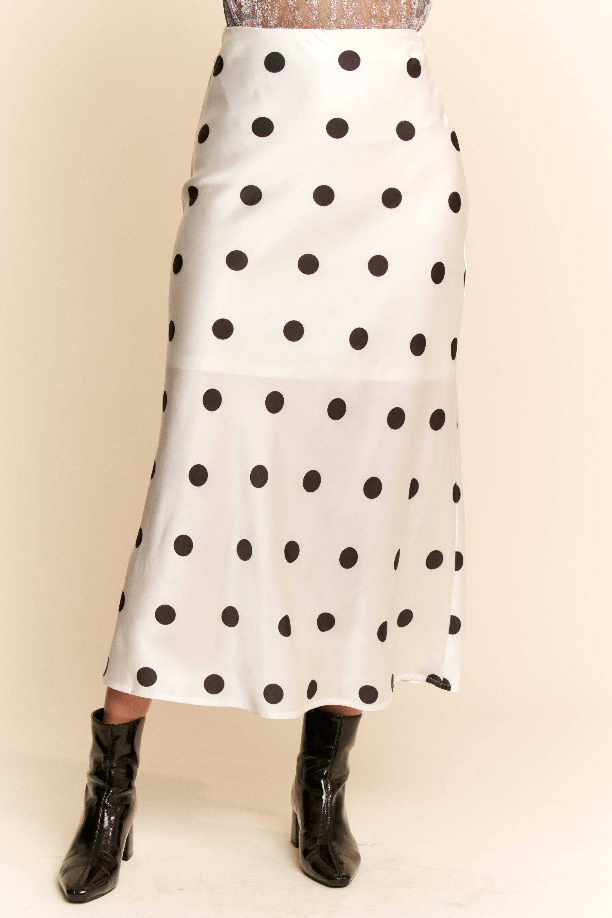 White & Black Polka Satin Dot Midi Skirt