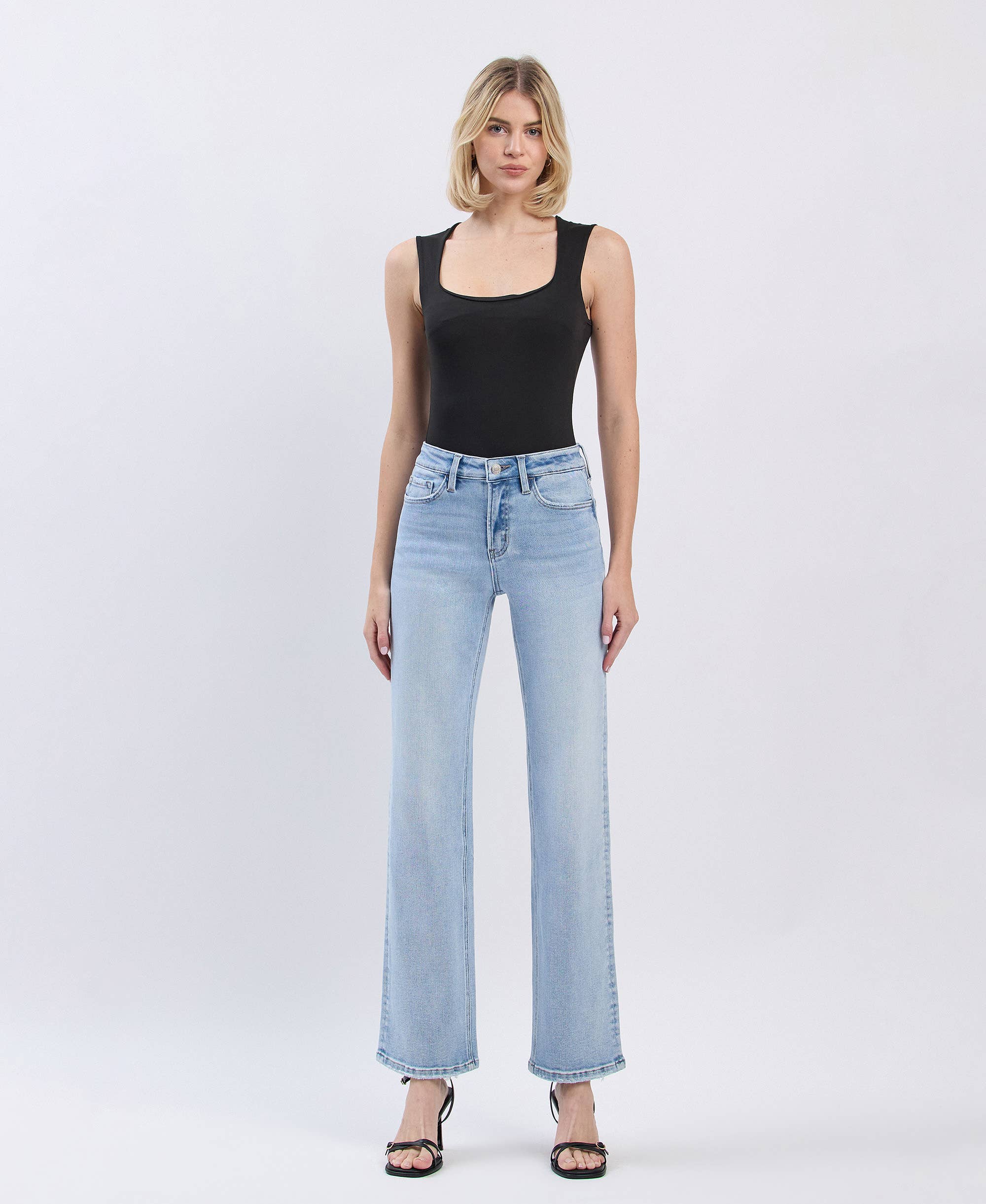 High Rise Light Wash Slim Wide Leg Jeans